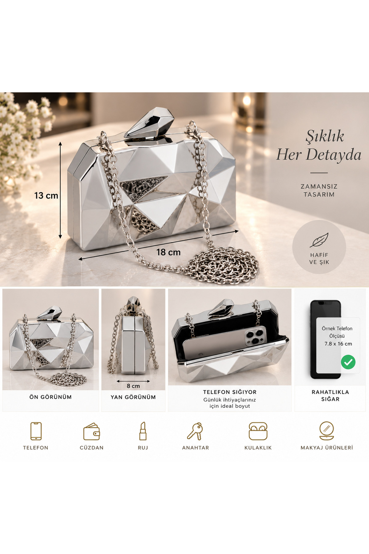 MODA Beegi Concept Kadın Abiye Metal Gümüş Zincirli Düğün Gece Parti Çantası görsel 7
