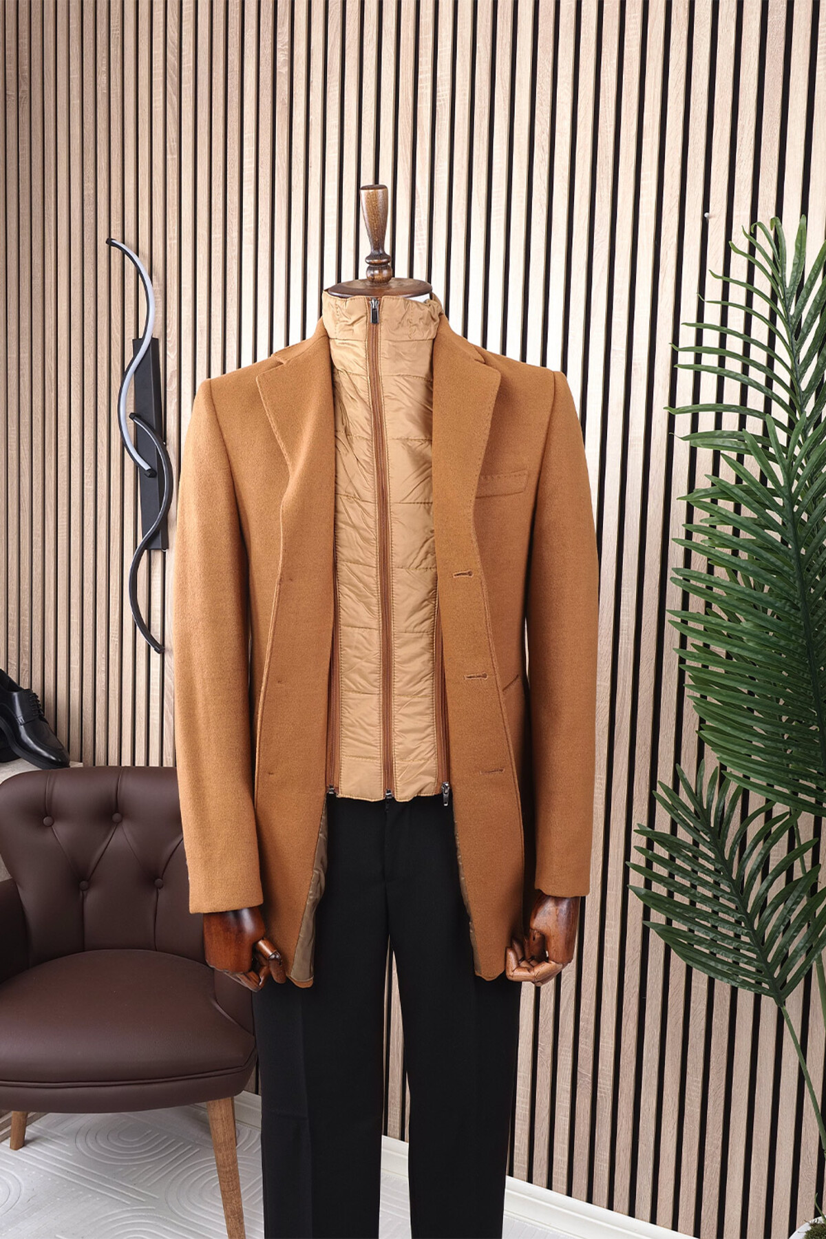 Erkek Slim Fit Camel Çıkmalı Ceket Yaka İçi Kapitoneli Tek Yırtmaç Dizüstü Kaşe Kaban — قهوه‌ای 6358-20 — تصویر 3 از 4