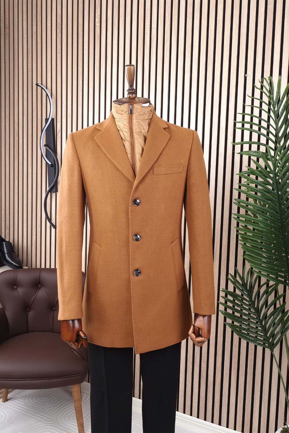 Erkek Slim Fit Camel Çıkmalı Ceket Yaka İçi Kapitoneli Tek Yırtmaç Dizüstü Kaşe Kaban — قهوهای 6358-20