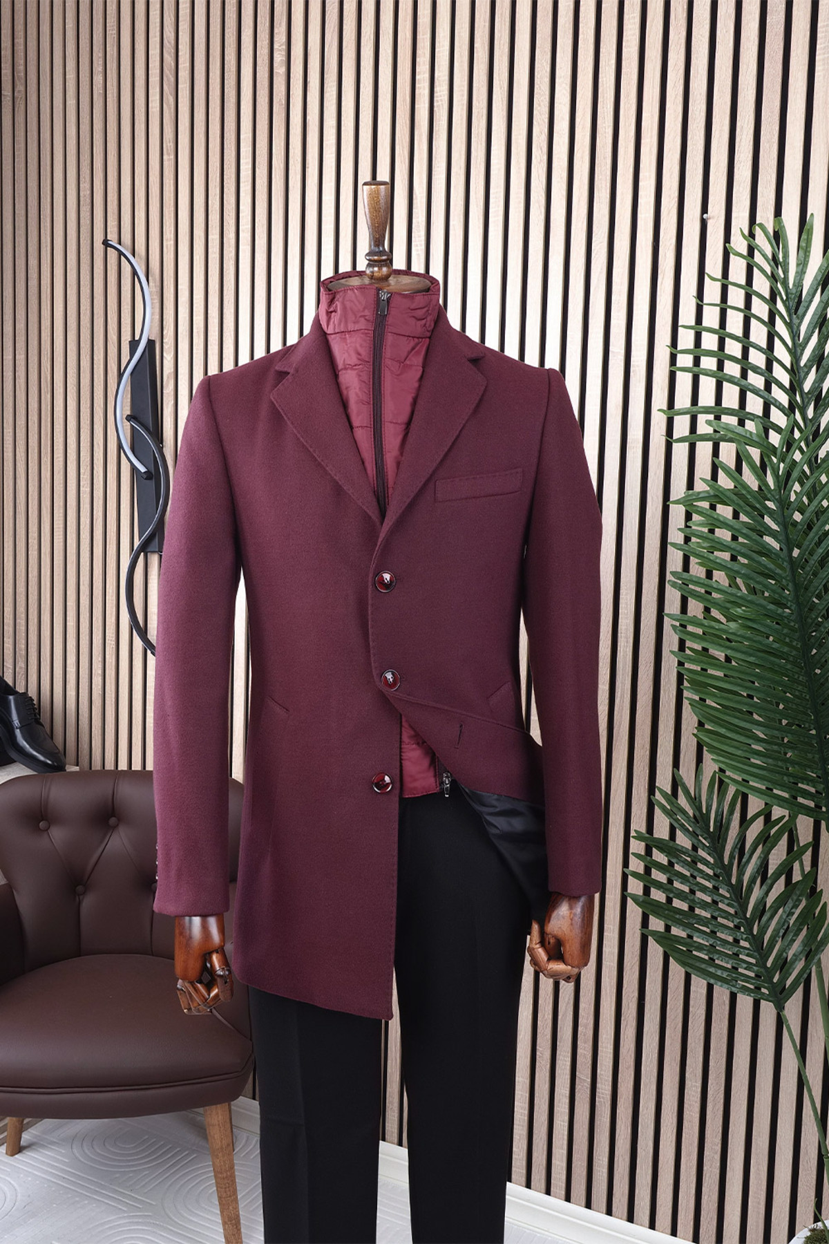 Erkek Slim Fit Bordo Çıkmalı Ceket Yaka İçi Kapitoneli Tek Yırtmaç Dizüstü Kaşe Kaban — زرشکی 6358-9 — تصویر 2 از 4