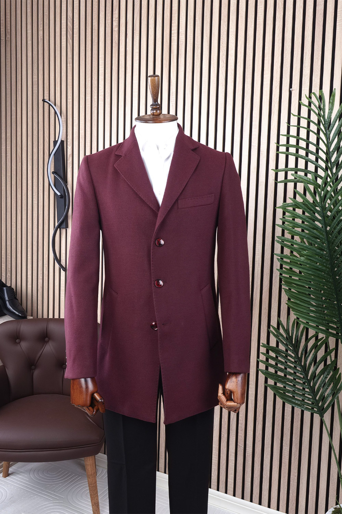 Erkek Slim Fit Bordo Çıkmalı Ceket Yaka İçi Kapitoneli Tek Yırtmaç Dizüstü Kaşe Kaban — زرشکی 6358-9 — تصویر 4 از 4