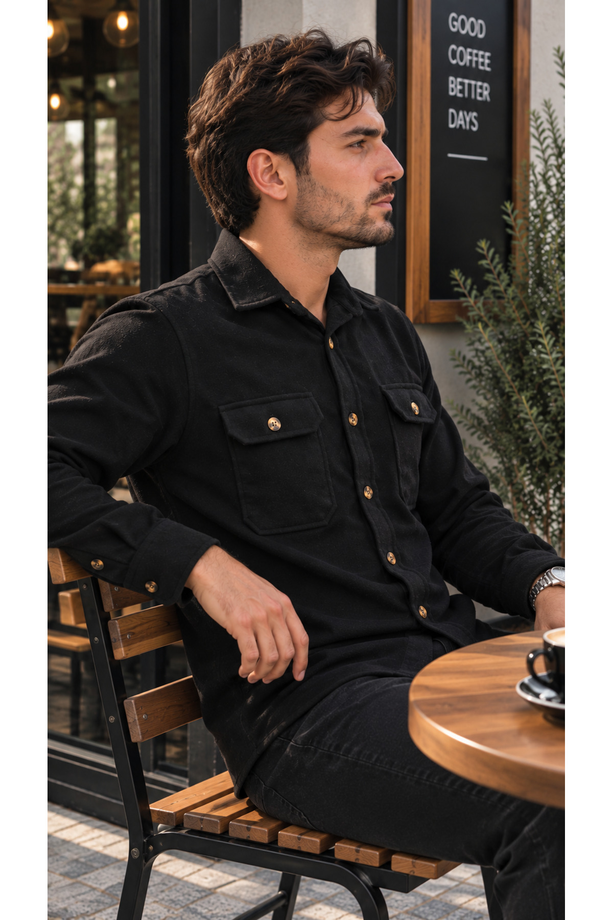 پیراهن مردانه طرح چوب با جیب، پارچه ضخیم - مشکی — مشکی XA512462 — تصویر 4 از 7