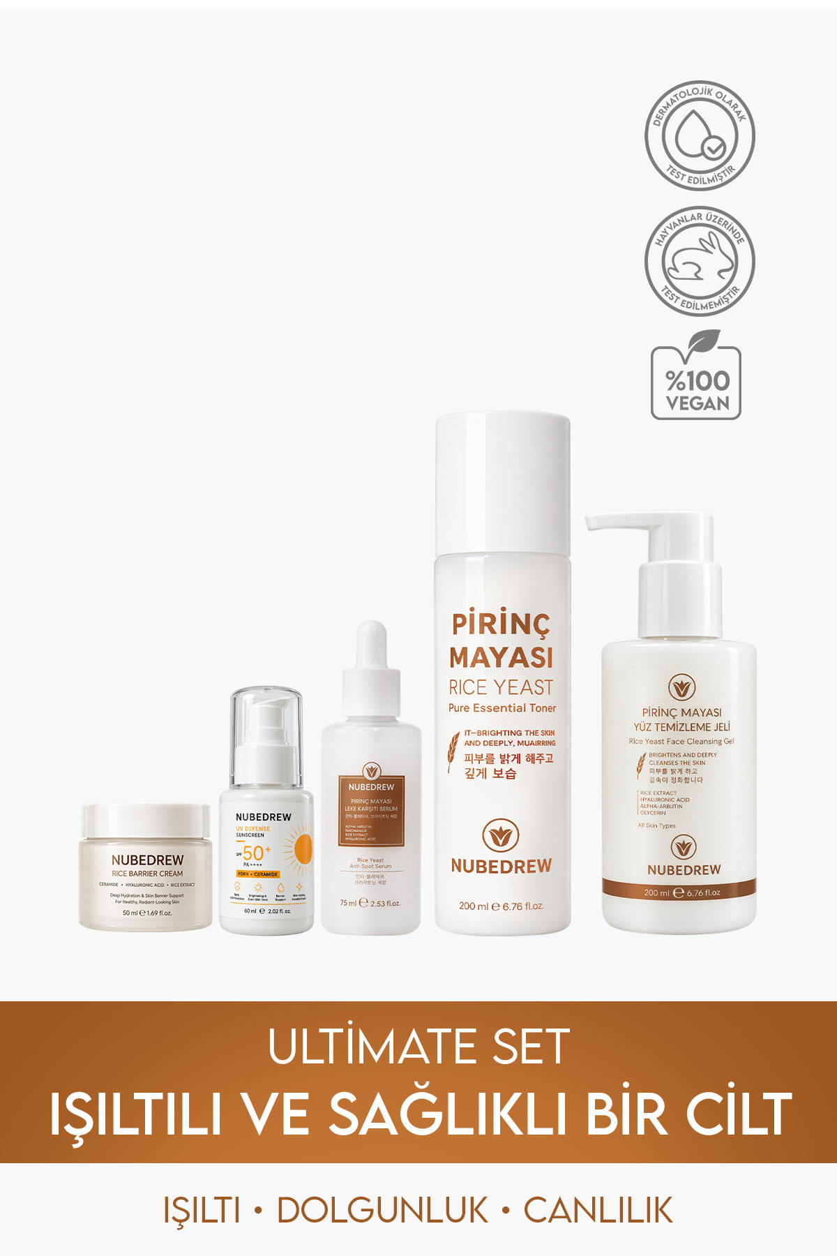 NUBEDREW Glass Skin Ultimate 5'li Cam Cilt Bakım Seti Pirinç Mayası Serum Tonik Temizleme Jeli Nemlendirici SPF50+ — 5liglassnbd