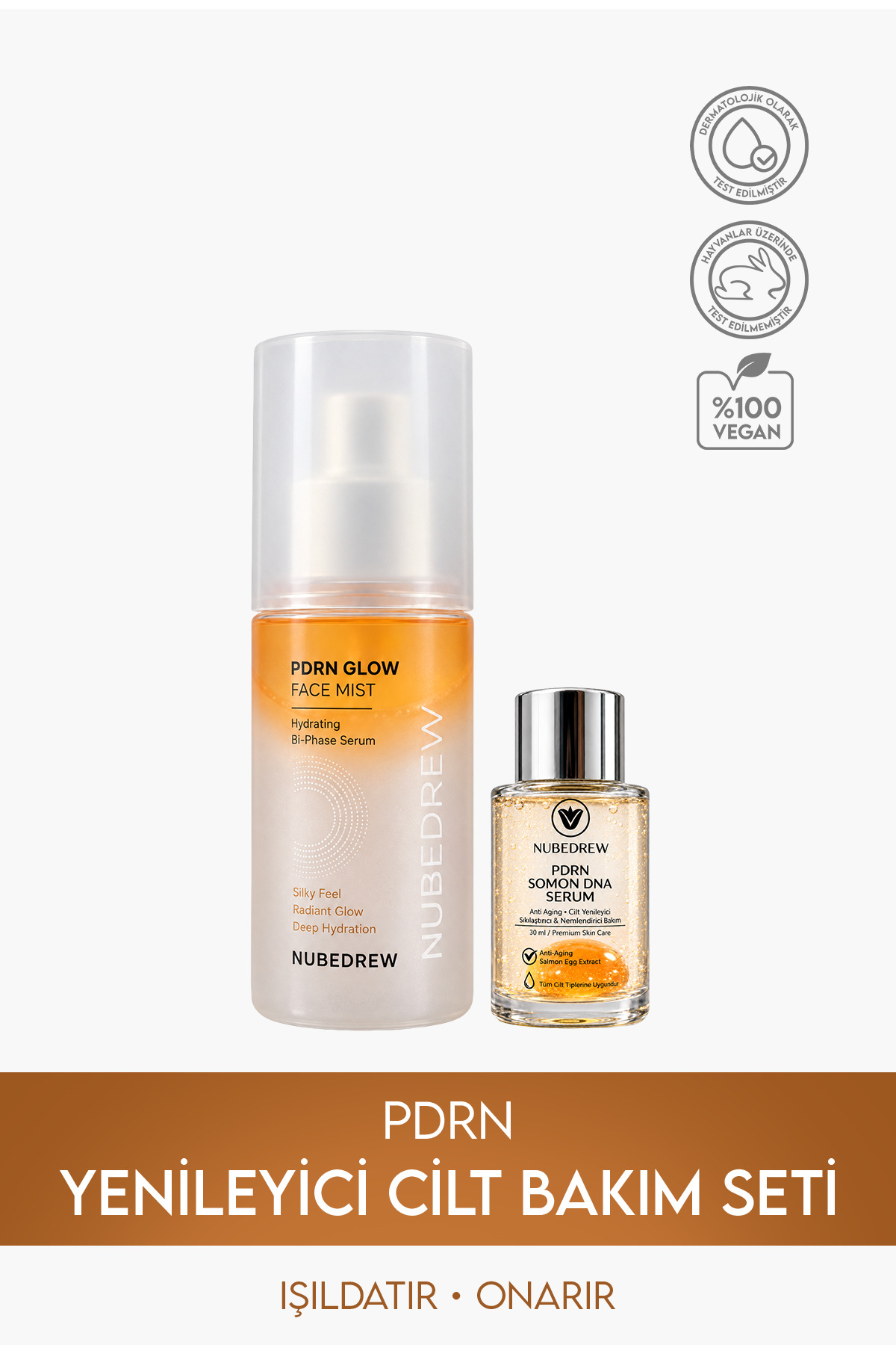 NUBEDREW PDRN Somon DNA Serum 30 ml ve PDRN Glow Face Mist Tonik 120 ml Yenileyici 2'li Premium Cilt Bakım Seti — cltbmknbd1