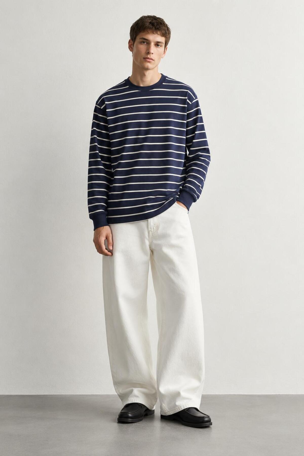 Çizgili Uzun Kollu Sweatshirt — سرمه‌ای E26-00341 — تصویر 2 از 4