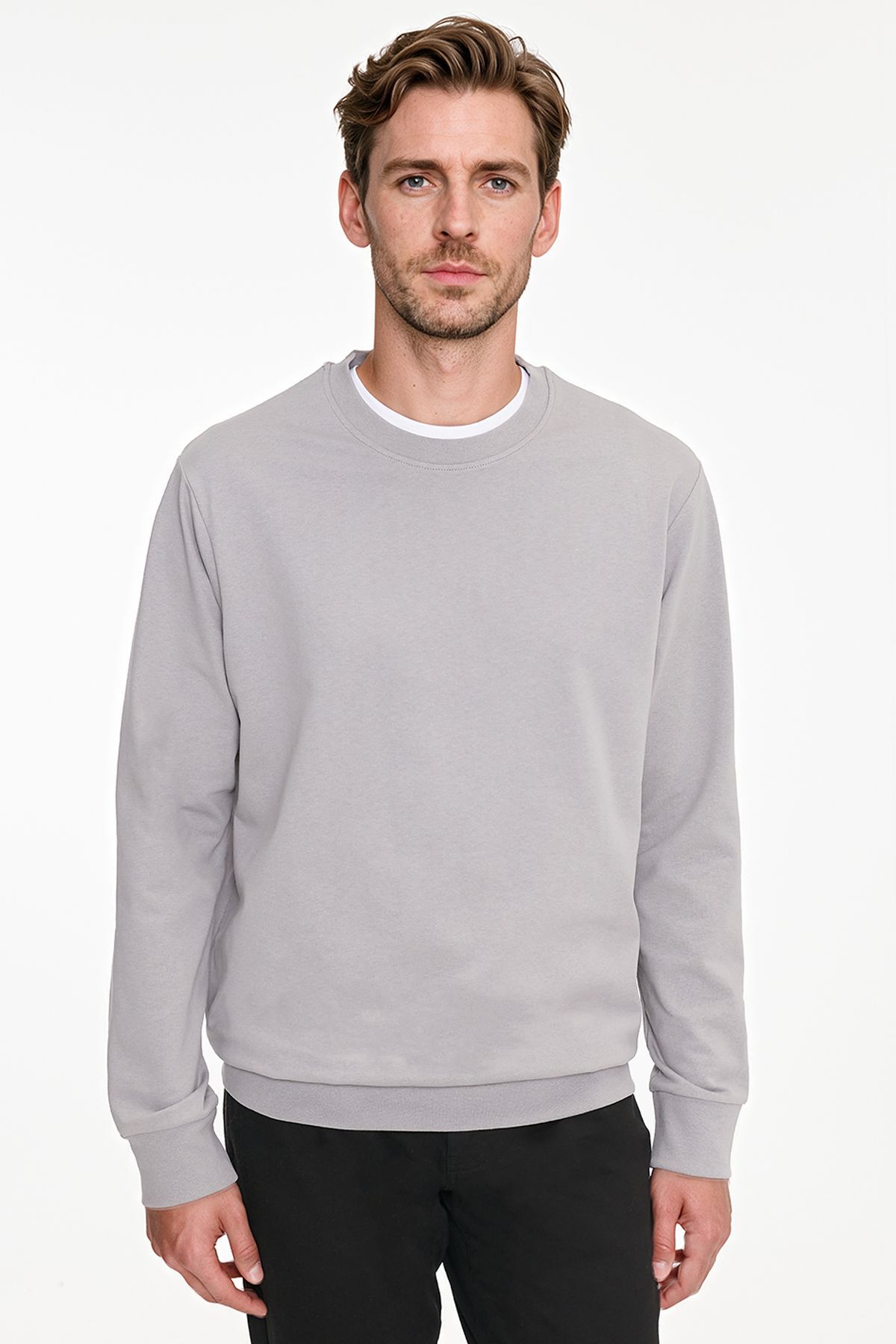AC&Co / Altınyıldız Classics Erkek Gri Pamuklu Standart Fit Normal Kesim 2 İplik Bisiklet Yaka Sweatshirt