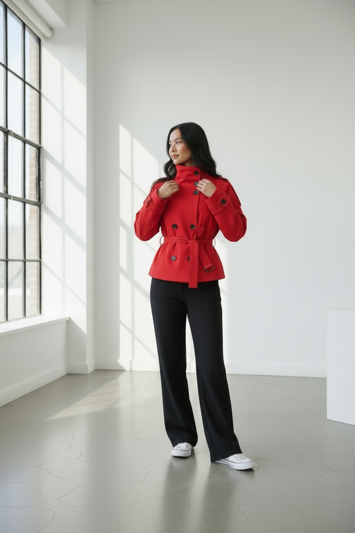 Genel Markalar YÜKSEK YAKA DETAY KUŞAKLI TRENÇ görsel 2