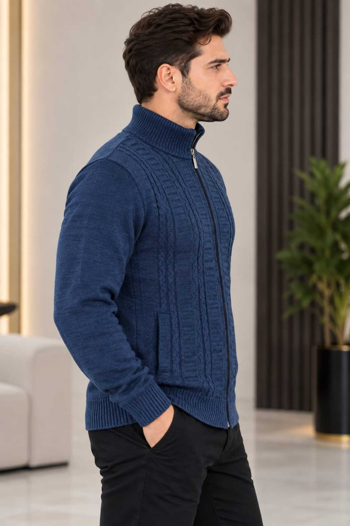 🧶 Erkek Fermuarlı Örgü Desenli Triko Kazak – Dik Yaka Cepli Kalın Dokulu — مشکی 007 — تصویر 2 از 5