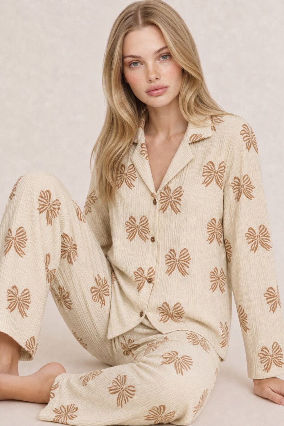 FİT WOMEN Kadın Uzun Kol Rahat Krem Pijama Takımı 4759