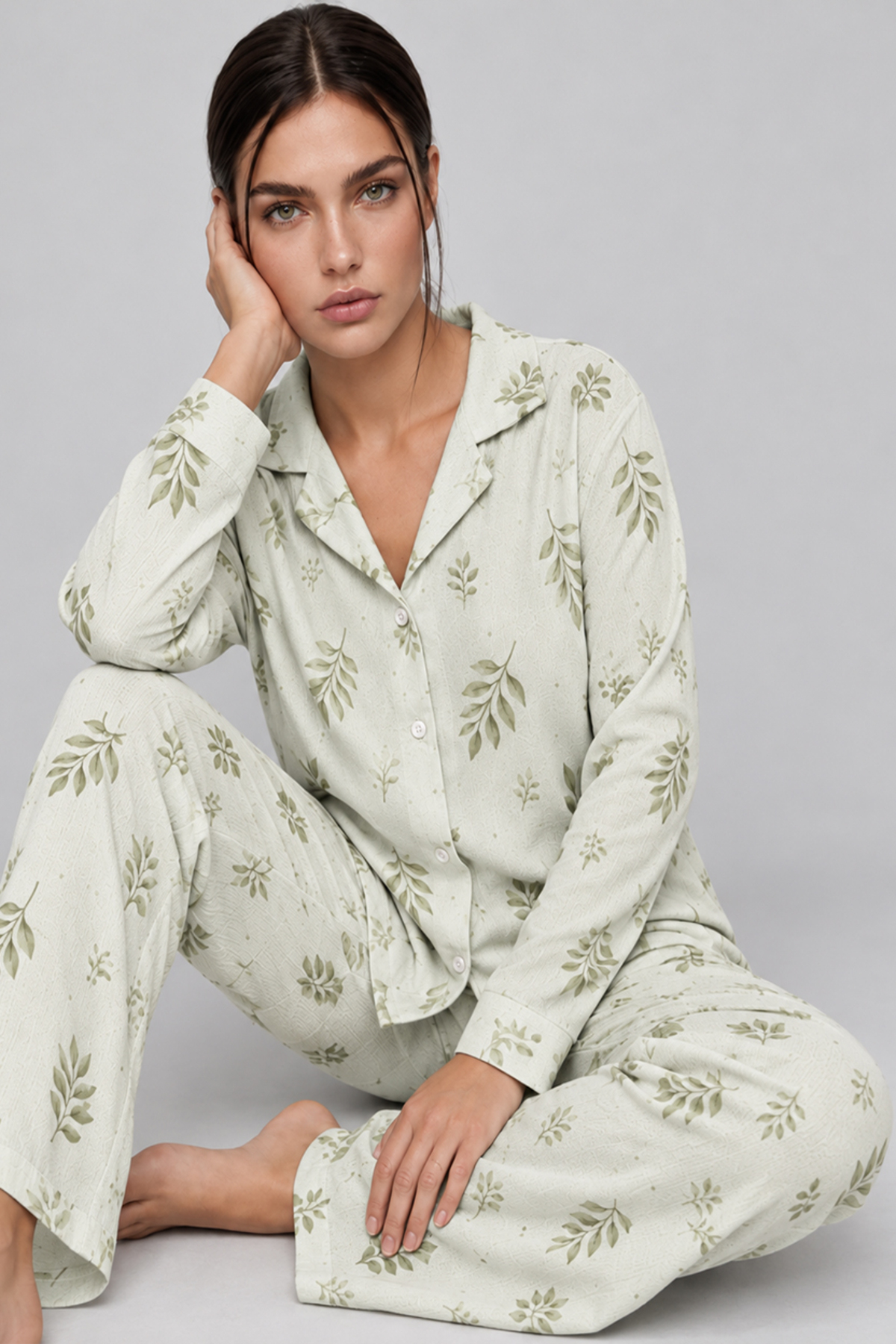 FİT WOMEN Kadın Uzun Kol Rahat Yeşil Pijama Takımı 4767 görsel 3