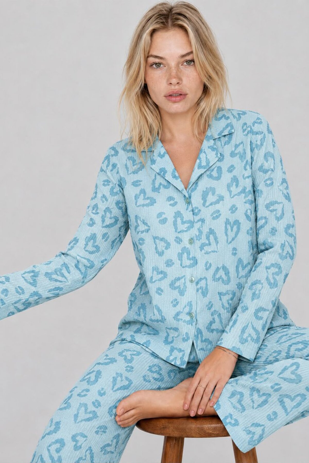 FİT WOMEN Kadın Uzun Kol Rahat Mavi Pijama Takımı 4761 görsel 3