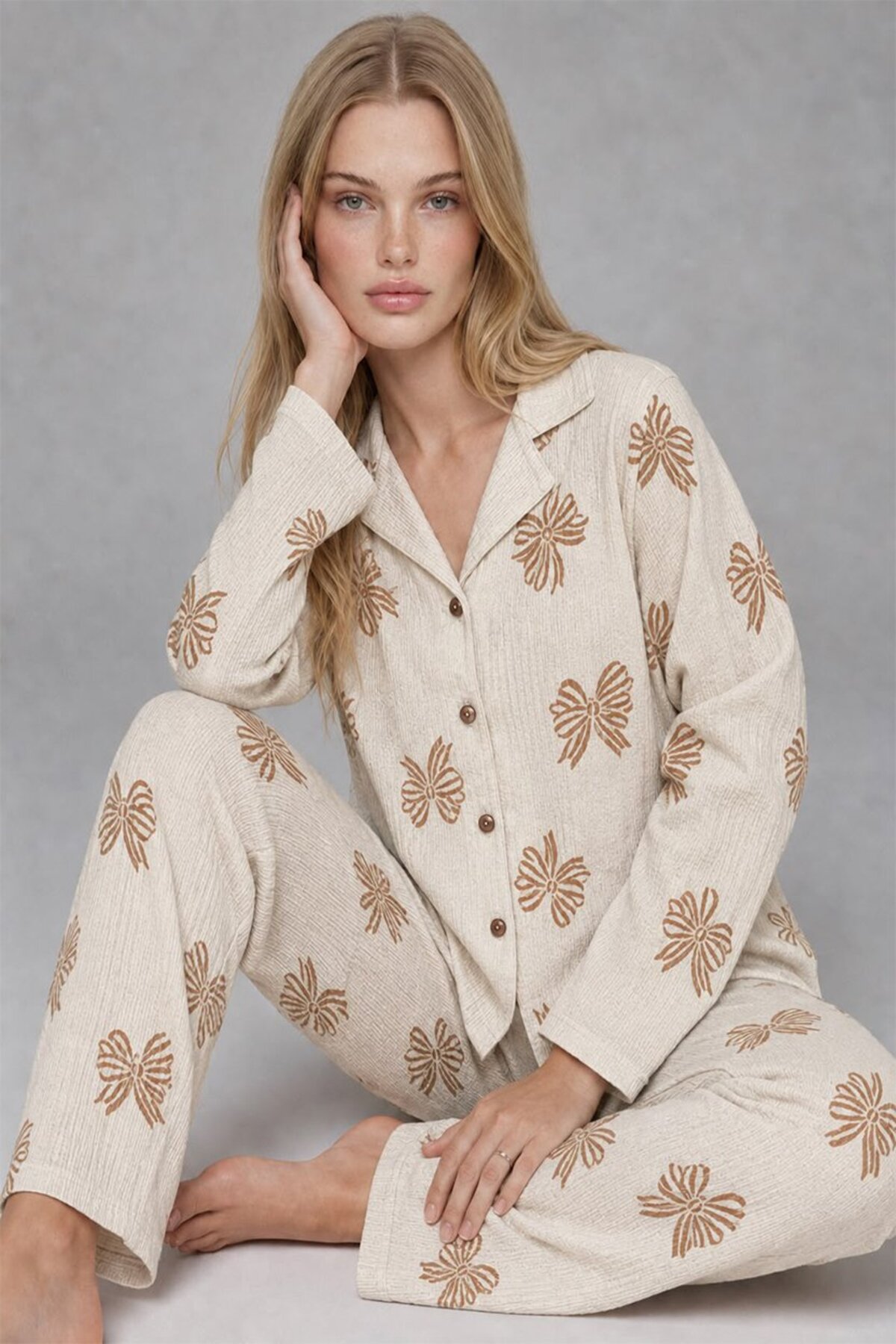 FİT WOMEN Kadın Uzun Kol Rahat Krem Pijama Takımı 4759 görsel 2