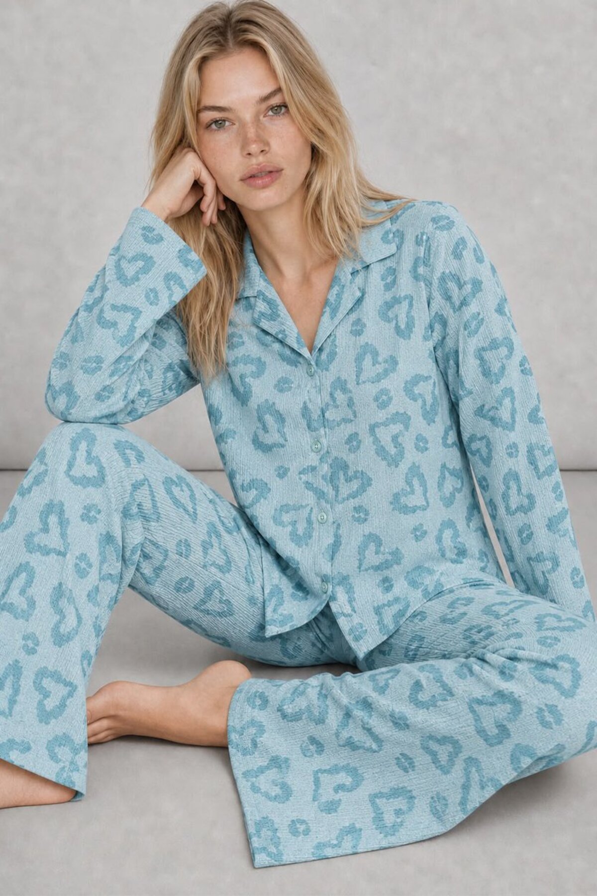 FİT WOMEN Kadın Uzun Kol Rahat Mavi Pijama Takımı 4761 görsel 4