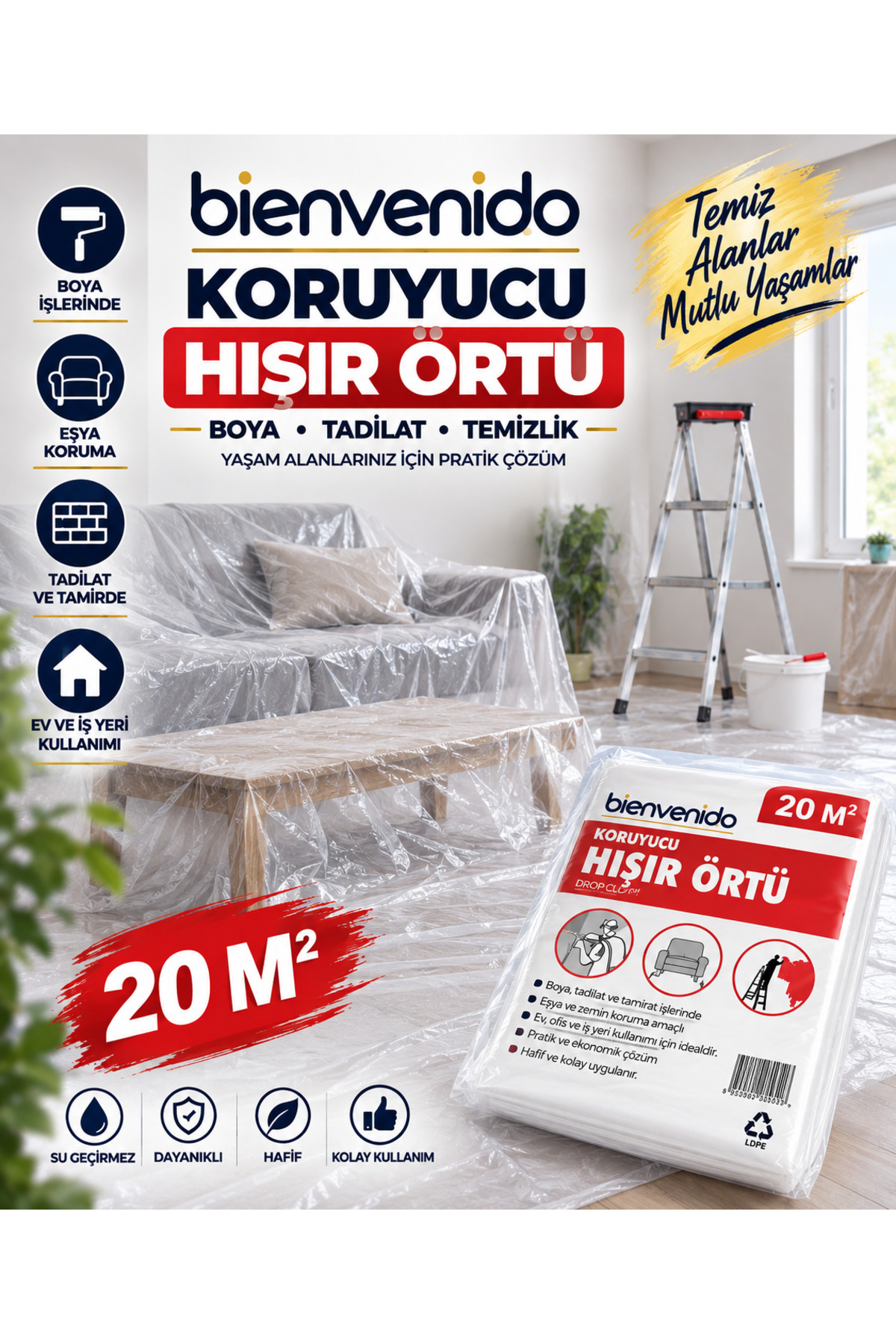 Hışır Örtü (4X5 METRE) 20 Metrekare Koruyucu Koruma Boya Badana Naylonu Eşya Zemin Örtüsü BIE-KOR-20M2, one size