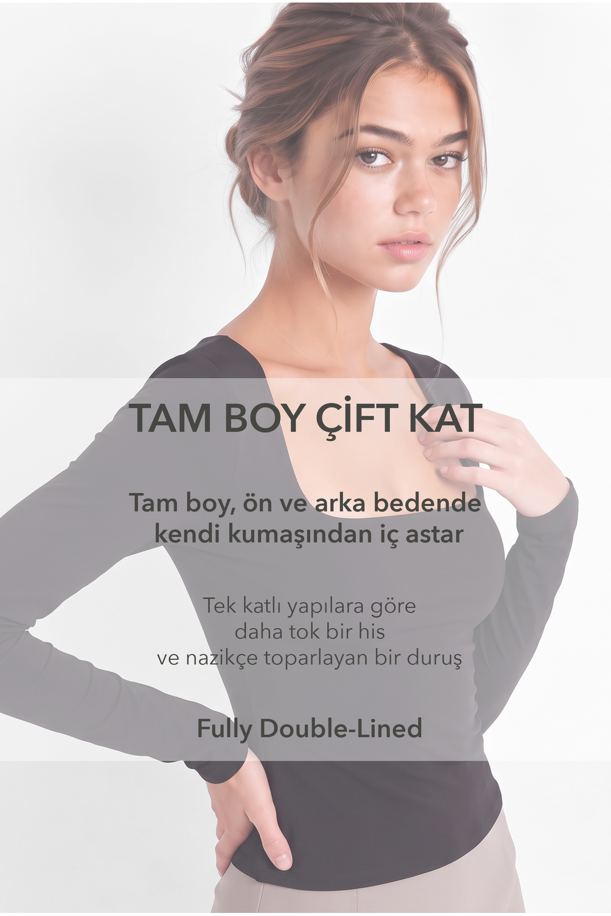OLYNN Kadın Siyah Kare Yaka Uzun Kollu Çift Kat Premium Soft Modal Pamuk Bluz görsel 3