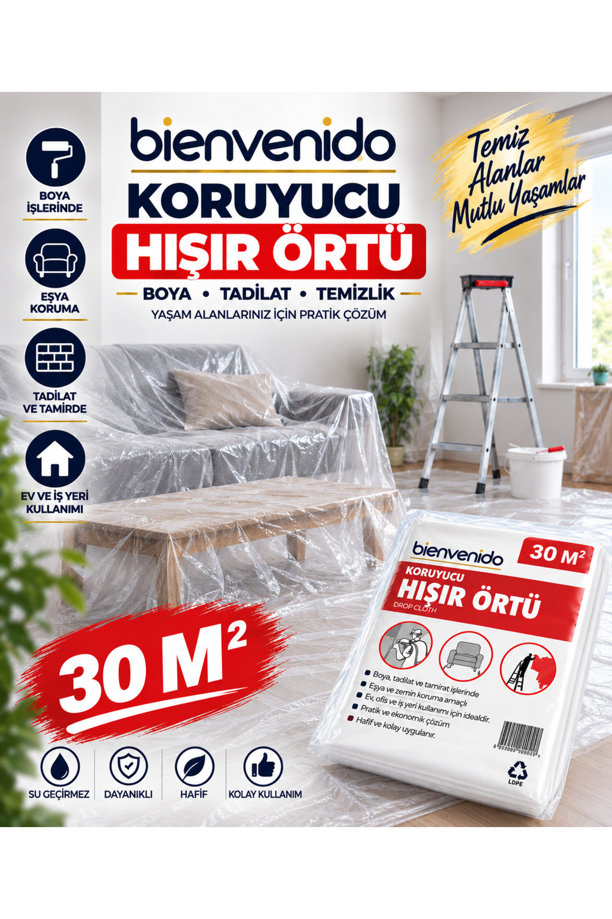 Hışır Örtü (4X7.5 METRE) 30 Metrekare Koruyucu Koruma Boya Badana Naylonu Eşya Zemin Örtüsü BIE-KOR-30M2, one size