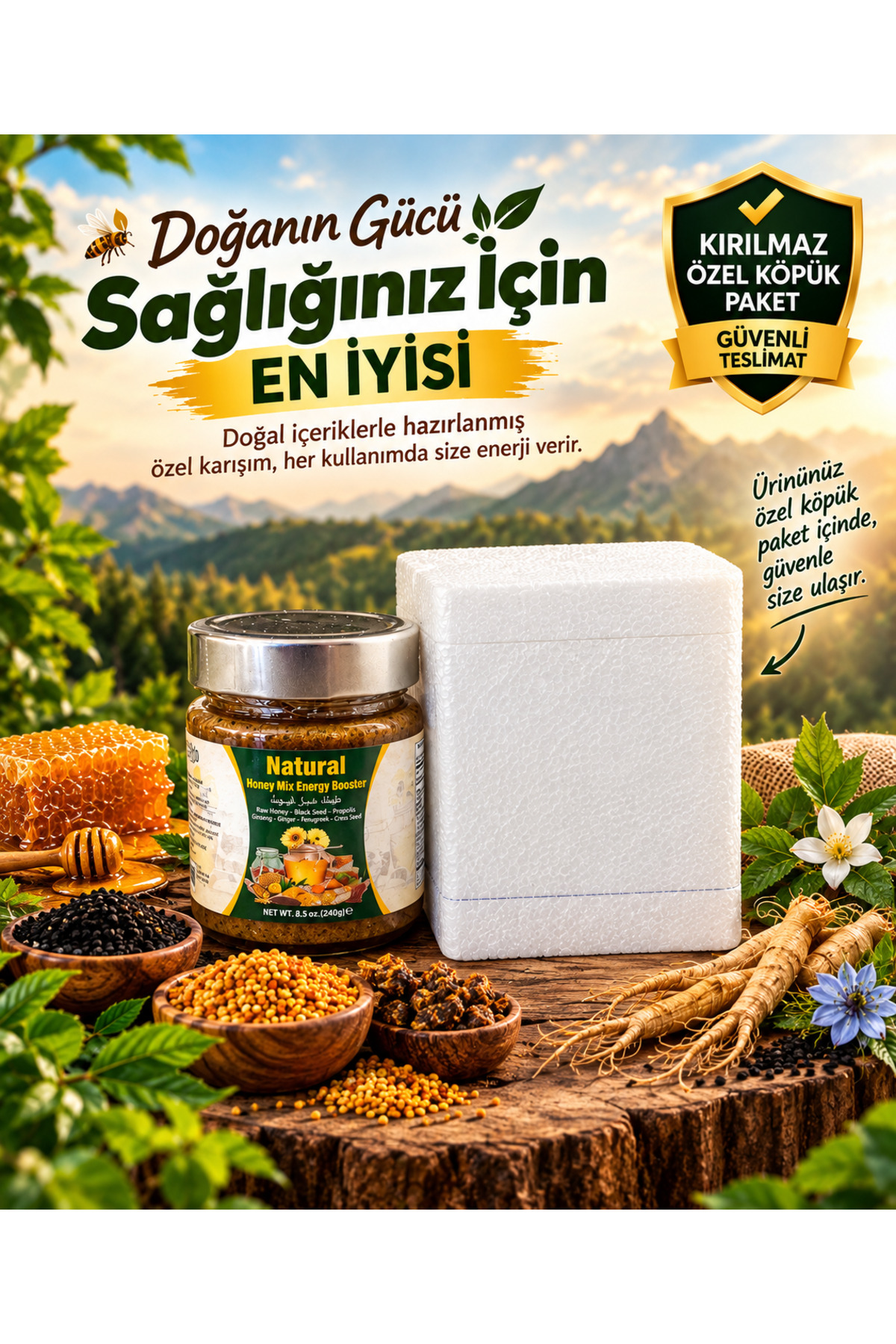 Nat-Prod Ginseng Atom Bal Propolis Polen Çörek Otu Bitkisel Karışımlı Doğal Kuvvet Macun 240 gr — 8680101346294 — تصویر 4 از 6