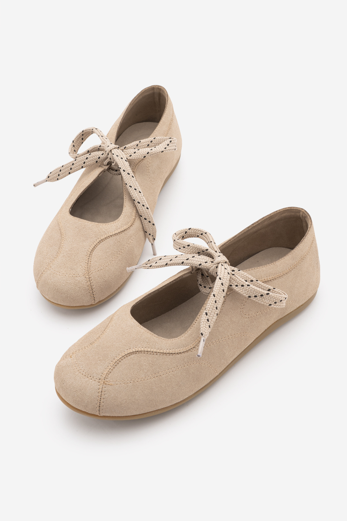 Marjin Kadın Süet Dokulu Bağlama Detaylı Yuvarlak Burun Spor Babet Sneaker Palivoy Bej Süet