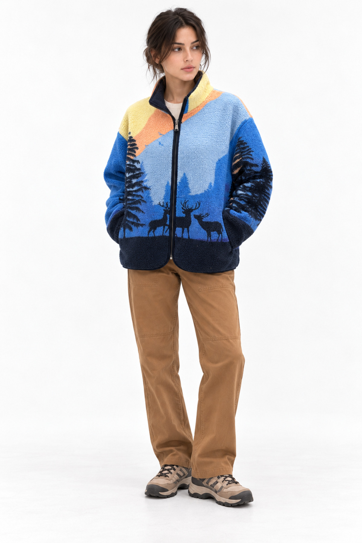Mixray 4981 Kadın Gece Manzaralı Cepli Yumuşak Dokulu Polar Sweatshirt görsel 5