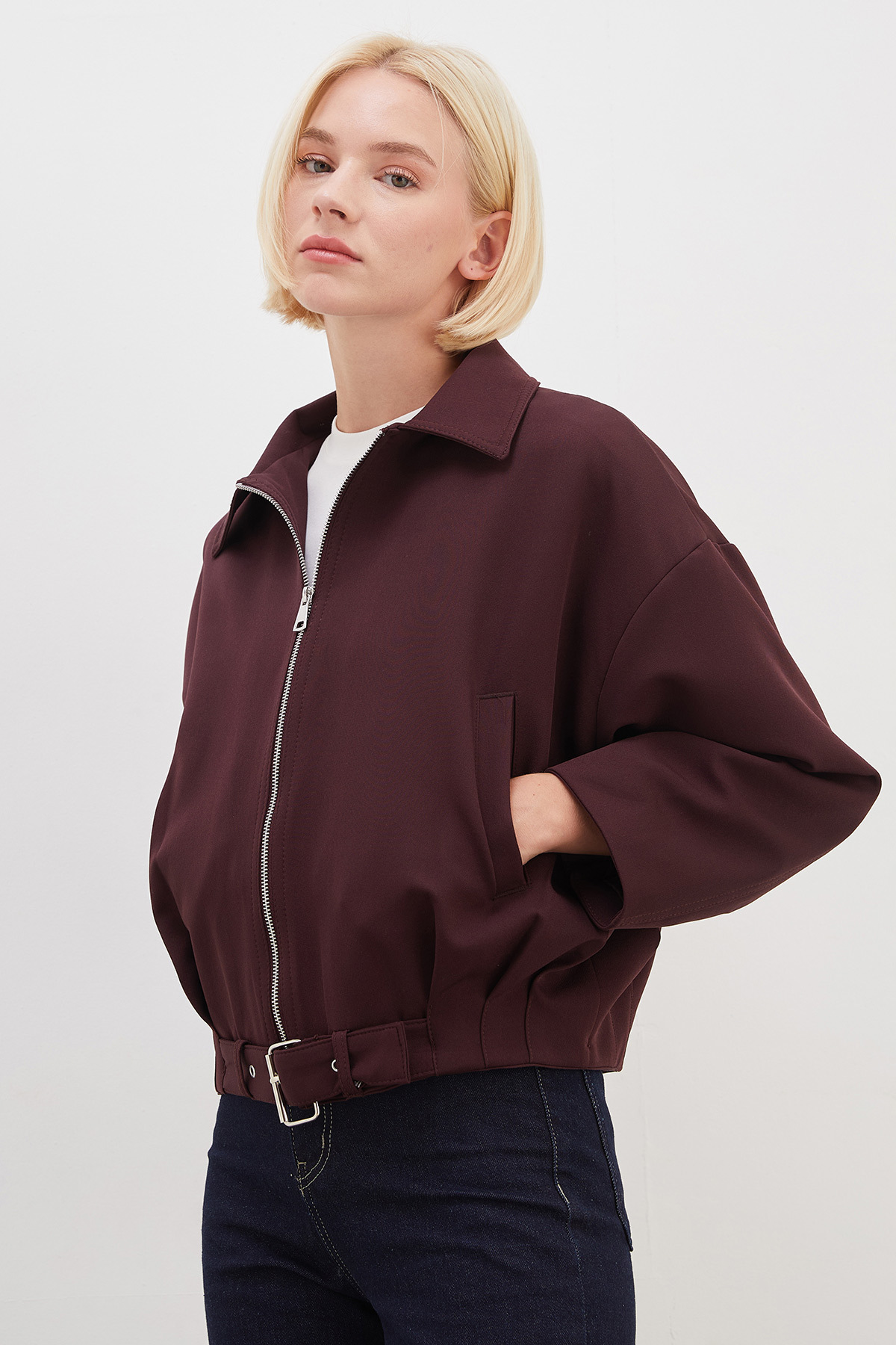 Fulla Moda Beli Kemerli Pileli Polo Yaka Kısa Trençkot görsel 7