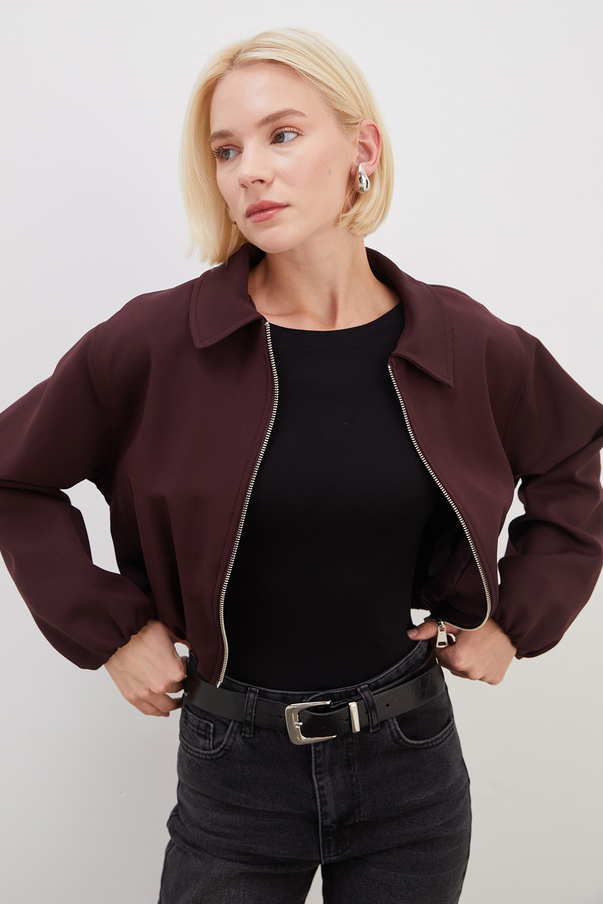 Fulla Moda Fermuarlı Polo Yaka Bomber Ceket görsel 5
