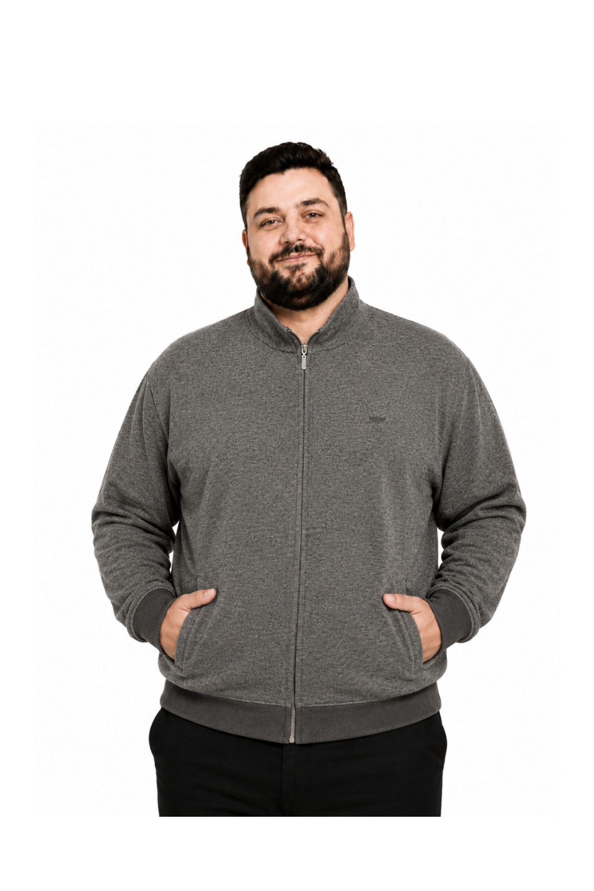 BattalModa Erkek Büyük Beden Melanj Bej Selanik Dik Yaka Cepli Hırka 3XL-4XL-5XL-6XL-7XL-8XL