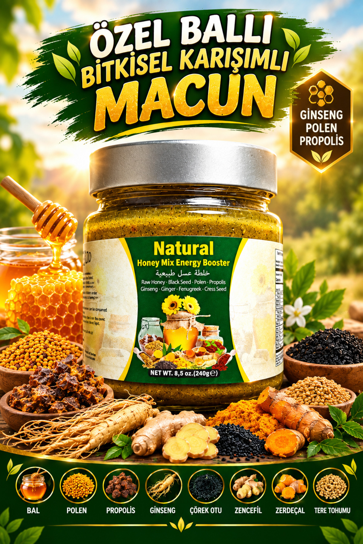Nat-Prod Ginseng Atom Bal Propolis Polen Çörek Otu Bitkisel Karışımlı Doğal Kuvvet Macun 240 gr — 8680101346294--mac — تصویر 2 از 6