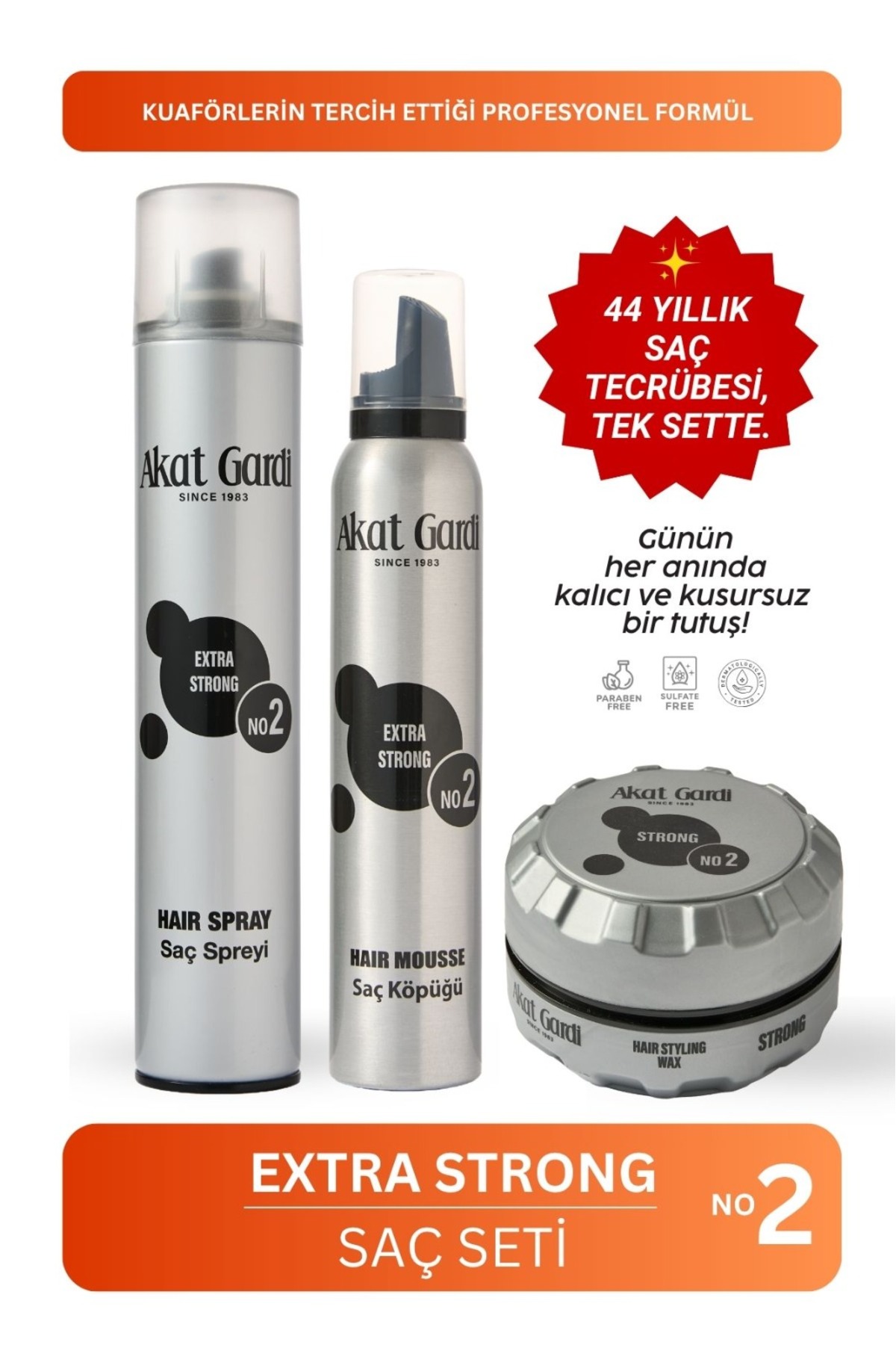 Akat Gardi Komple Saç Şekillendirme Paketi Extra Strong No:2(Gri) Saç Spreyi/Saç Köpüğü/Saç Şekillendirici Wax — 3LÜPAKETGRİ