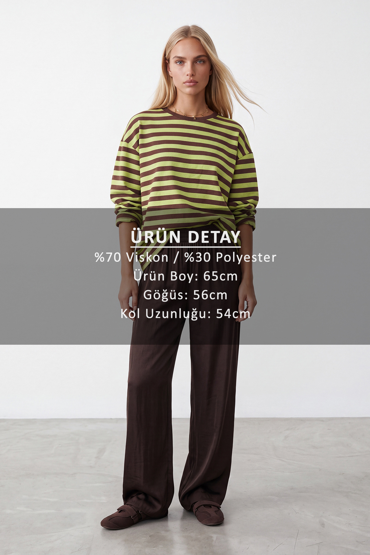 Trend Alaçatı Stili Kadın Kahve Ribana Bisiklet Yakalı Çizgili Oversize Sweatshirt Alc-X15870 görsel 2