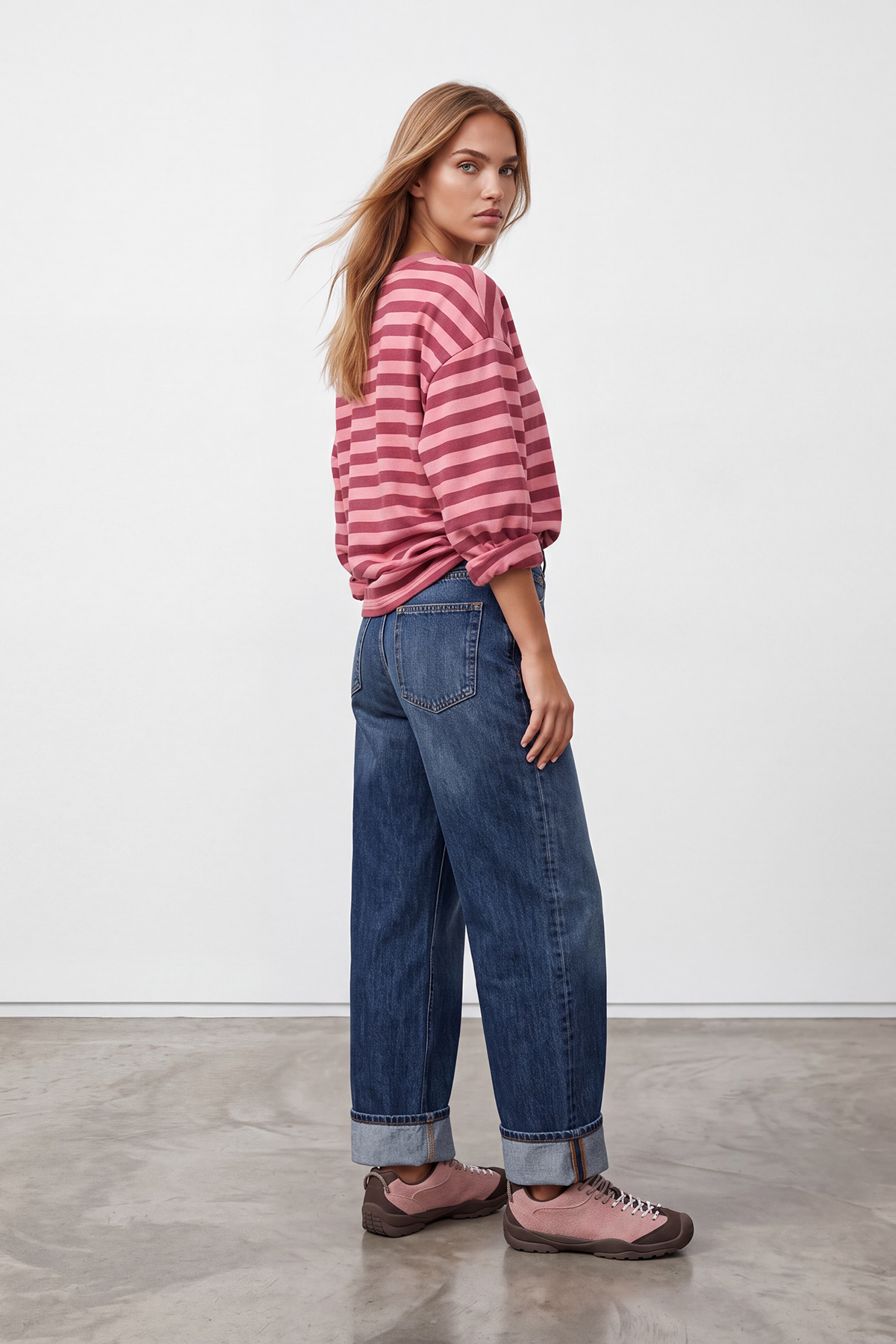 Trend Alaçatı Stili Kadın Pudra Pembe Ribana Bisiklet Yakalı Çizgili Oversize Sweatshirt Alc-X15870 görsel 4