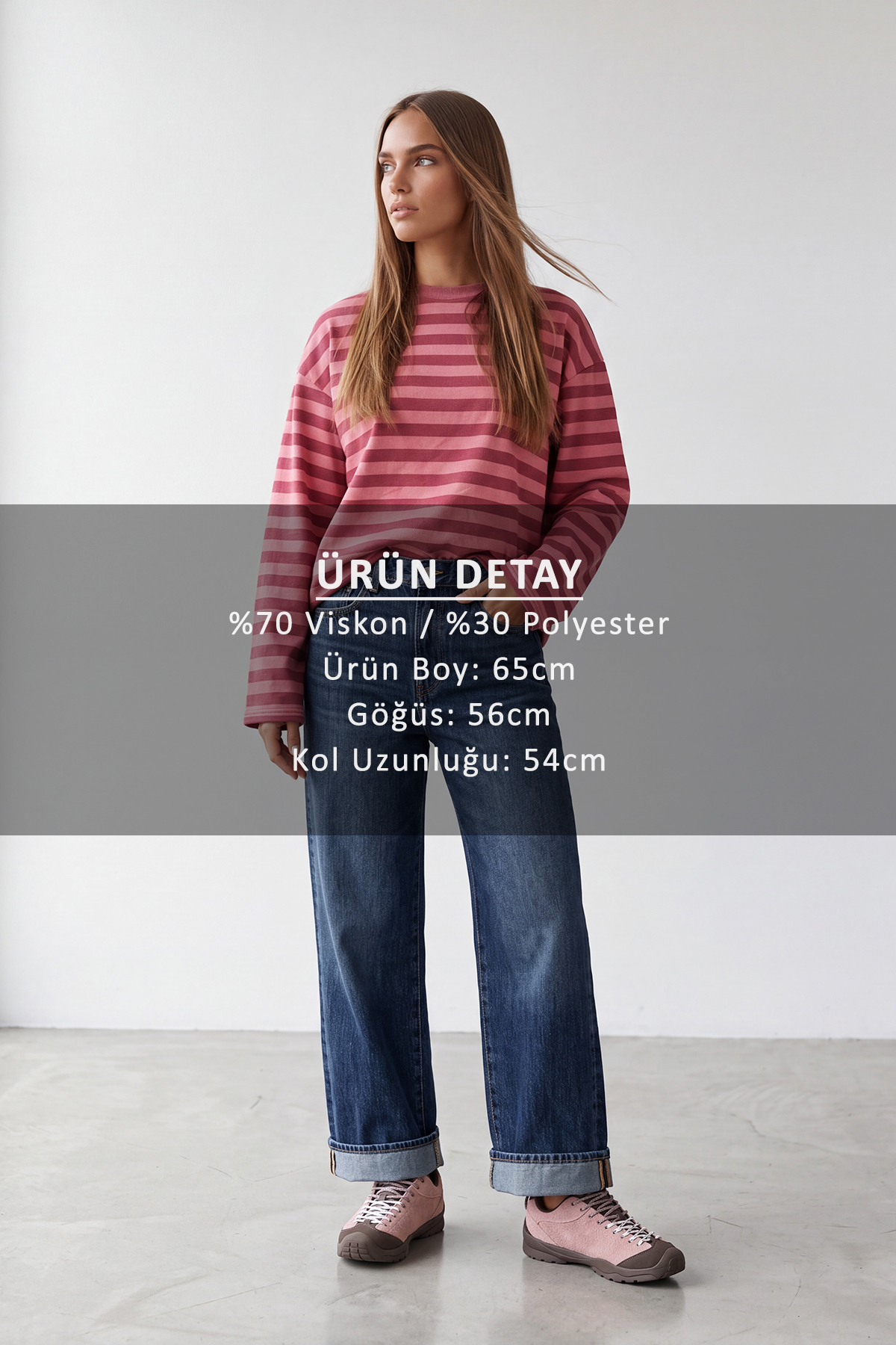 Trend Alaçatı Stili Kadın Pudra Pembe Ribana Bisiklet Yakalı Çizgili Oversize Sweatshirt Alc-X15870 görsel 2