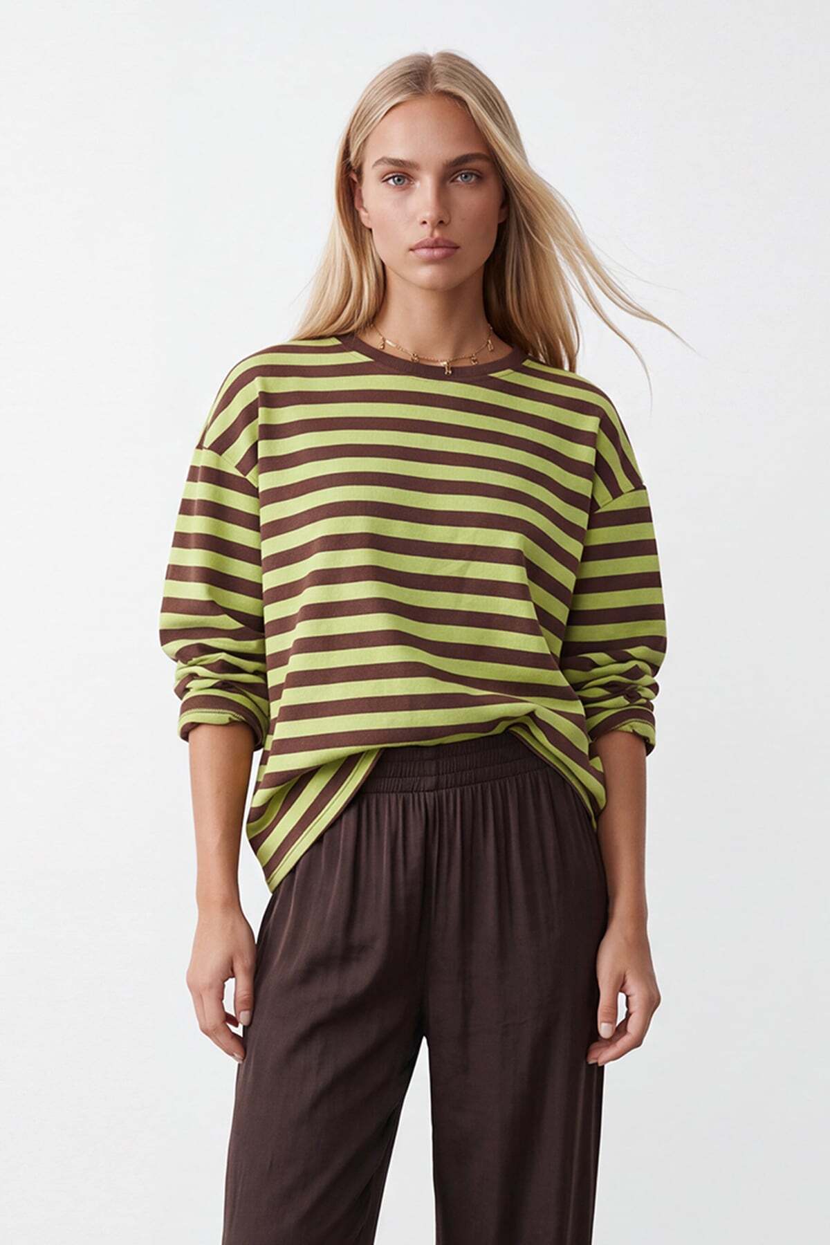 Trend Alaçatı Stili Kadın Kahve Ribana Bisiklet Yakalı Çizgili Oversize Sweatshirt Alc-X15870