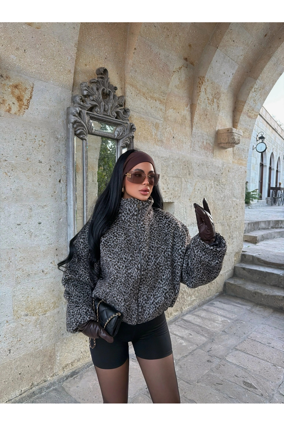 kırmızı butiks Leopar Kaşe Mont görsel 5