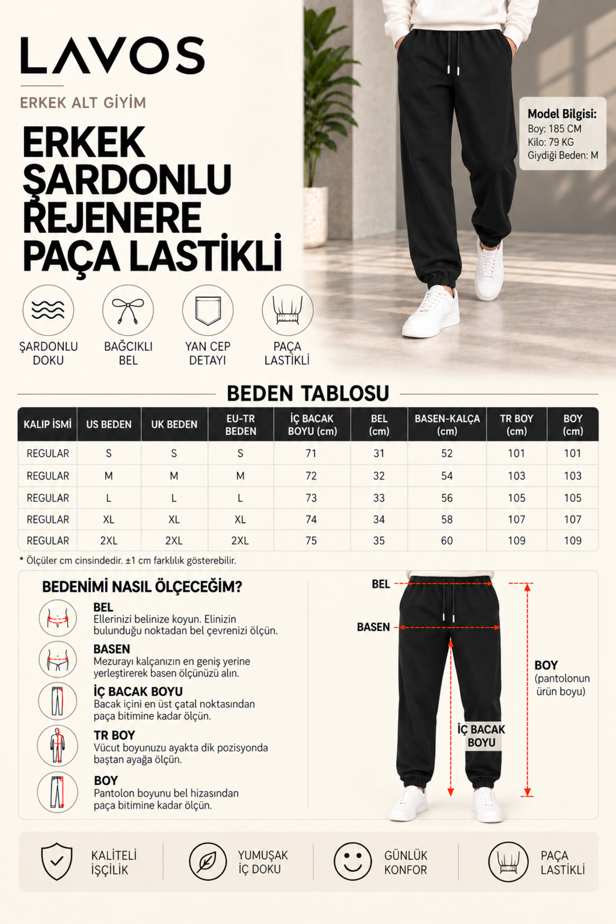 LAVOS Erkek Siyah 2 İplik Şardonlu Eşofman Altı Paça Lastikli Beli Bağcıklı Kışlık Rahat Kalıp görsel 8