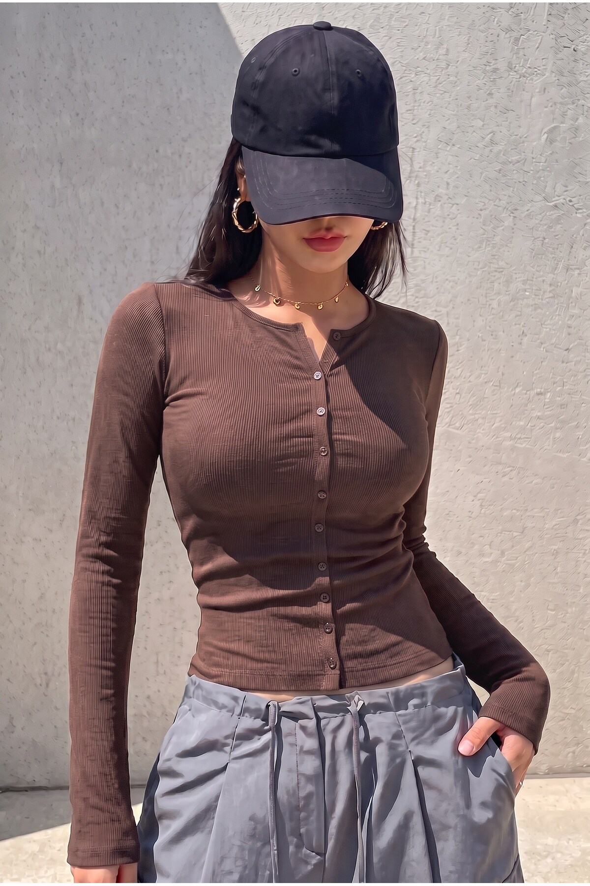 Teenage Millionaire Kadın Kahverengi Fitilli Kaşkorse Tam Düğmeli Esnek Düğme Detaylı Uzun Kollu Bisiklet Yaka Hırka Blu görsel 3