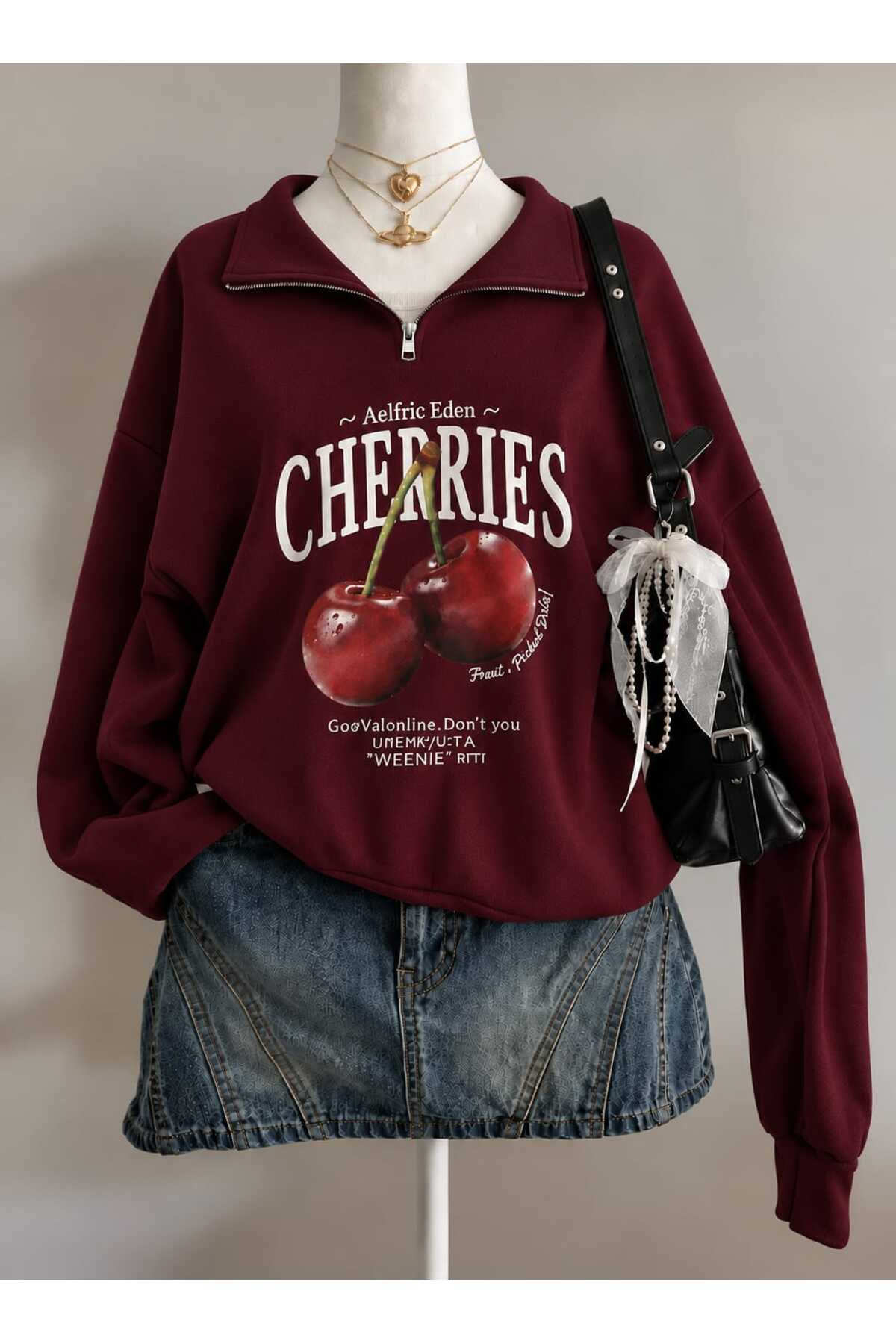 COHERENT Unisex Erkek/Kadın CHERRIES Renkli Özel Baskılı Pamuklu Oversize Kapüşonlu Sweatshirt