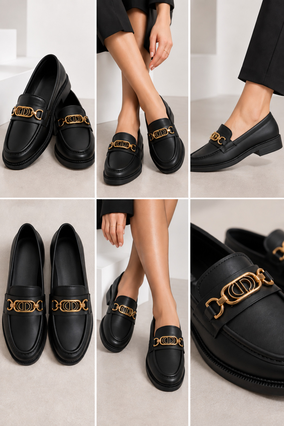 VestioStore Vera Kadın Mat Siyah Altın Tokalı Maskülen Klasik Loafer Günlük Ayakkabı görsel 7