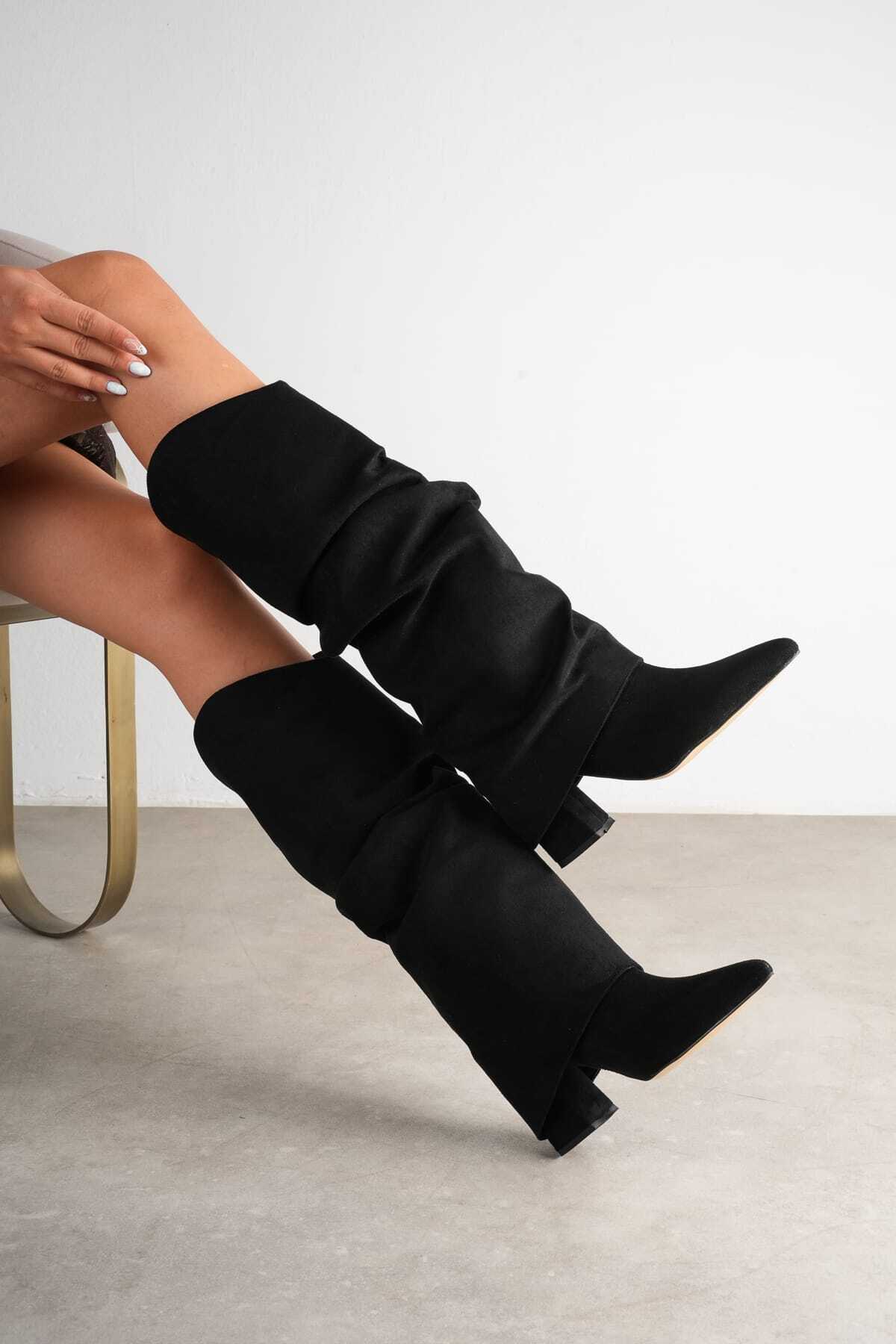 GÜZEL SHOES Lenaa Siyah Süet Büzgülü Tak-Çıkar Aparatlı Sivri Burun Topuklu Çizme Bot Fermuarlı Kadın Ayakkabı görsel 3