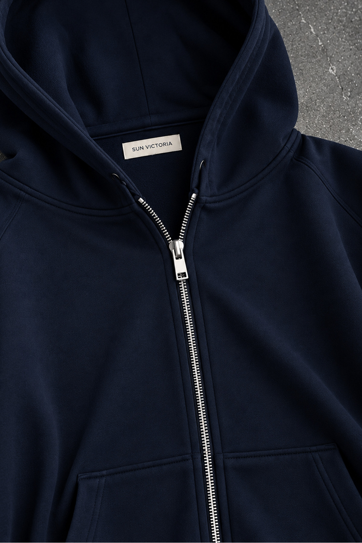 Sun Victoria Lacivert Modal Oys Kumaş Demir Fermuarlı Kapüşonlu Cepli Oversize Sweatshirt görsel 5