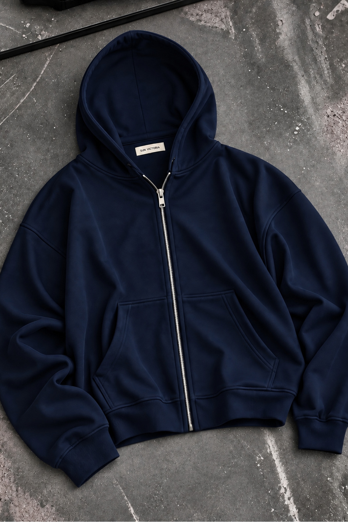 Sun Victoria Lacivert Modal Oys Kumaş Demir Fermuarlı Kapüşonlu Cepli Oversize Sweatshirt