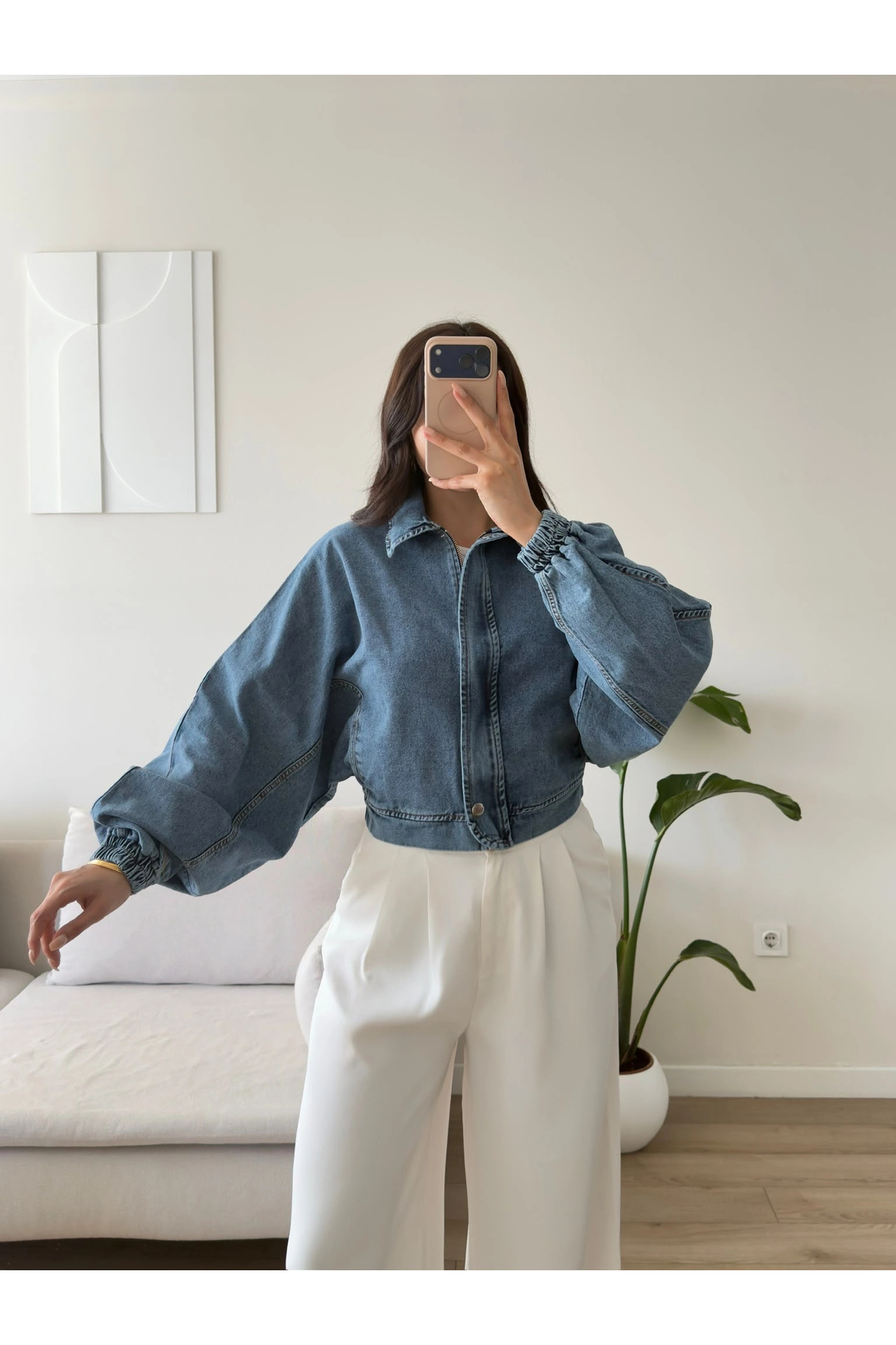 Zoom Butik Yarasa Balon Kol Denim Ceket - AÇIK MAVİ görsel 5