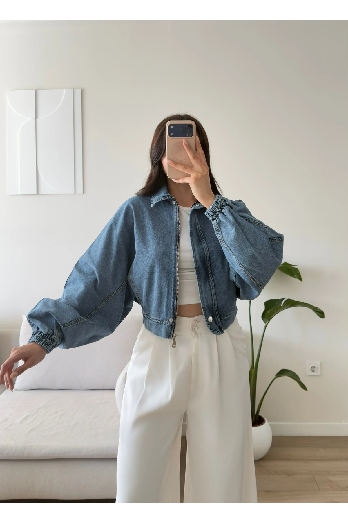 Zoom Butik Yarasa Balon Kol Denim Ceket - AÇIK MAVİ görsel 4