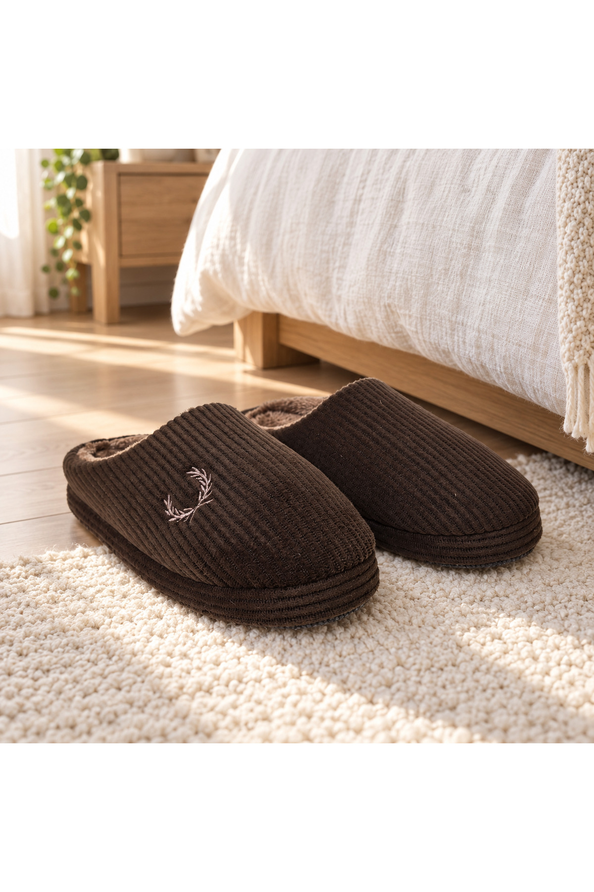 NEWORA Unisex Kışlık Ev Terliği İçi Yumuşak Peluş Fitilli Kumaş Kapalı Burun Günlük Terlik görsel 2