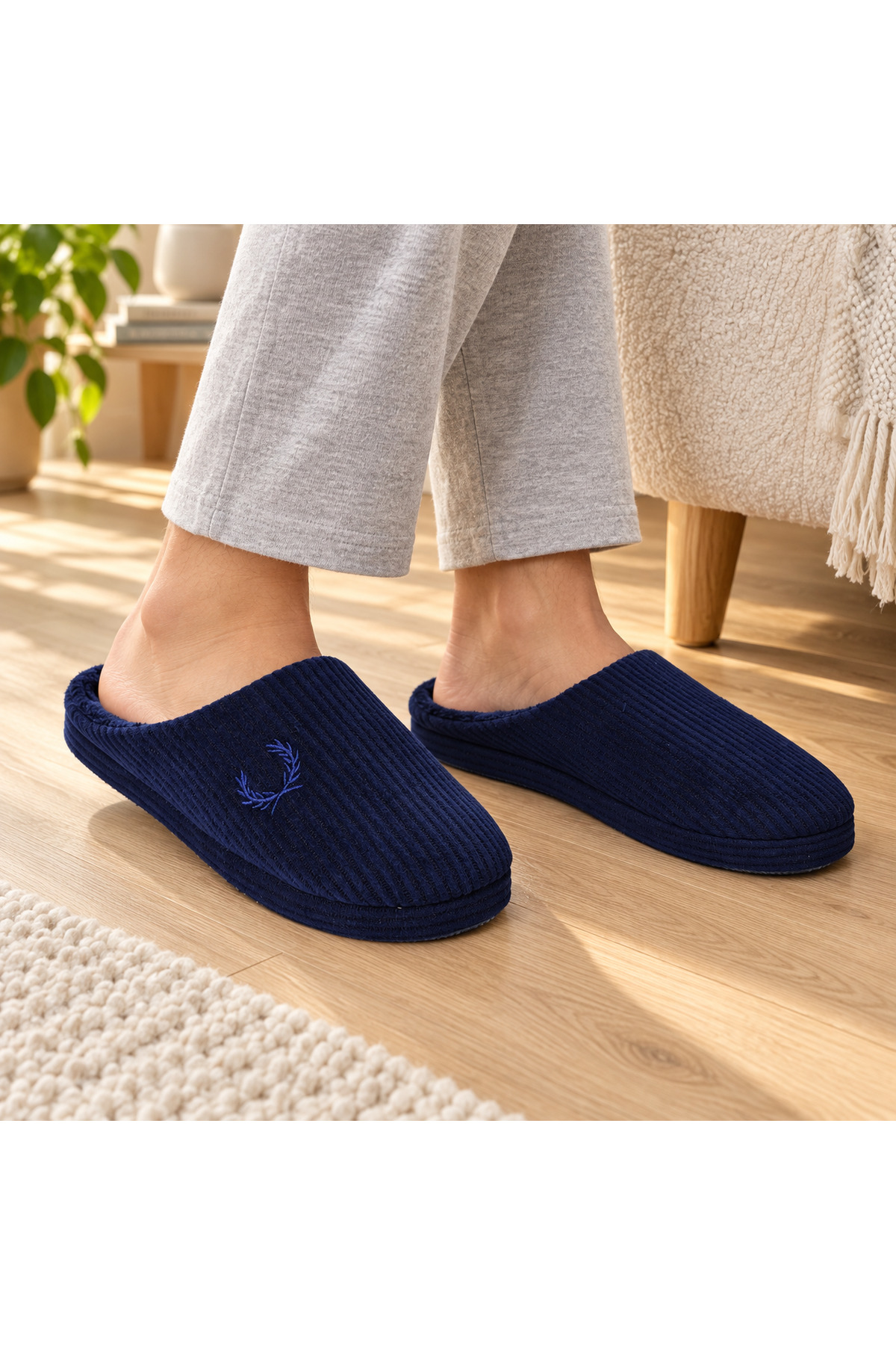 NEWORA Unisex Kışlık Ev Terliği İçi Yumuşak Peluş Fitilli Kumaş Kapalı Burun Günlük Terlik görsel 5