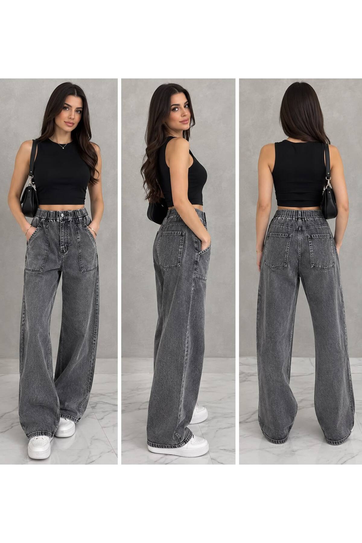 HASALL BUTİK Hsl Hasall Tesetür Beli Lastikli Tek Düğmeli Cpli Kot Pantalon görsel 2
