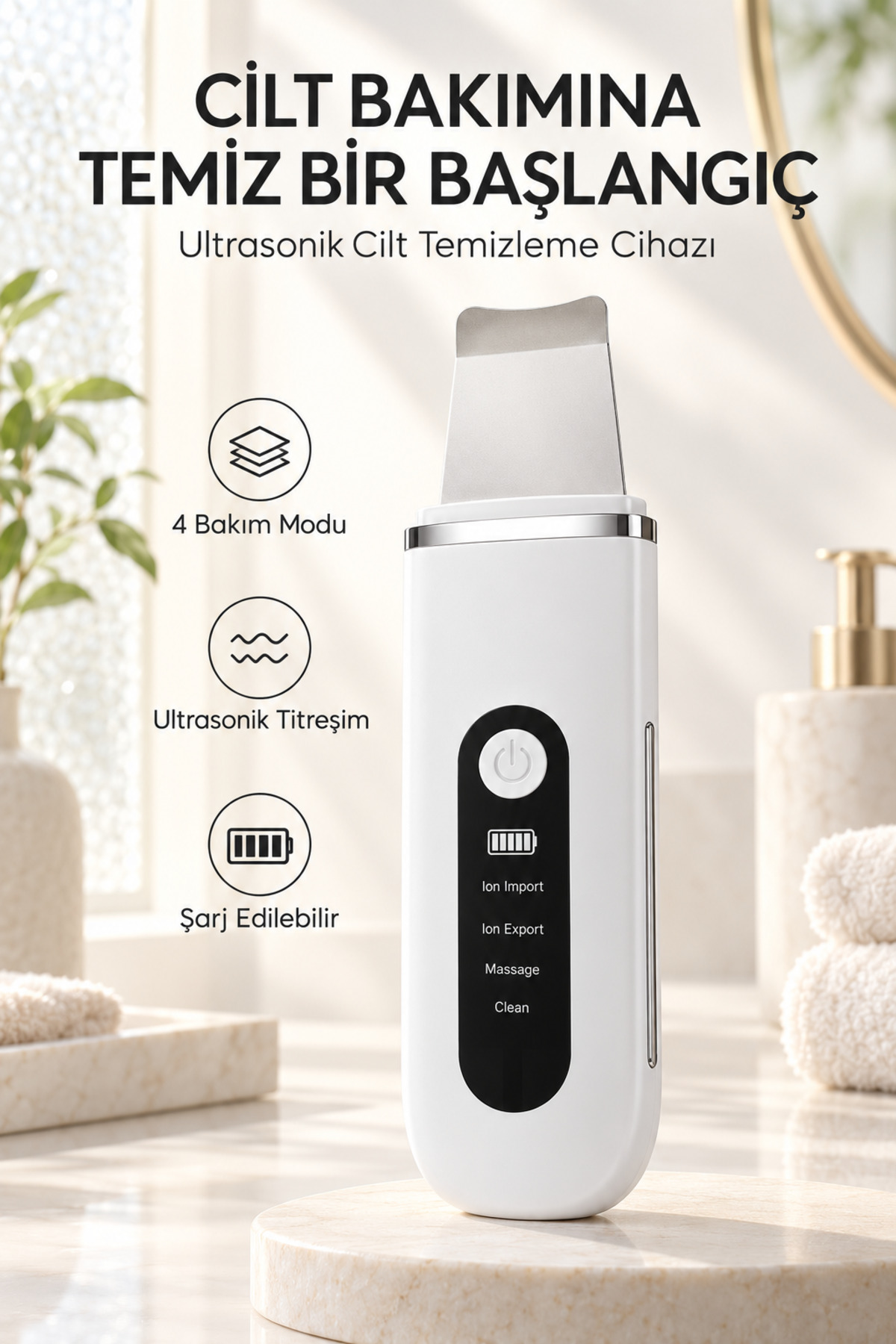 Ultrasonik Cilt Temizleme Cihazı Şarjlı Siyah Nokta ve Peeling Spatulası 4 Modlu Yüz Bakım Aleti — سفید MDAHB-13 — تصویر 5 از 8