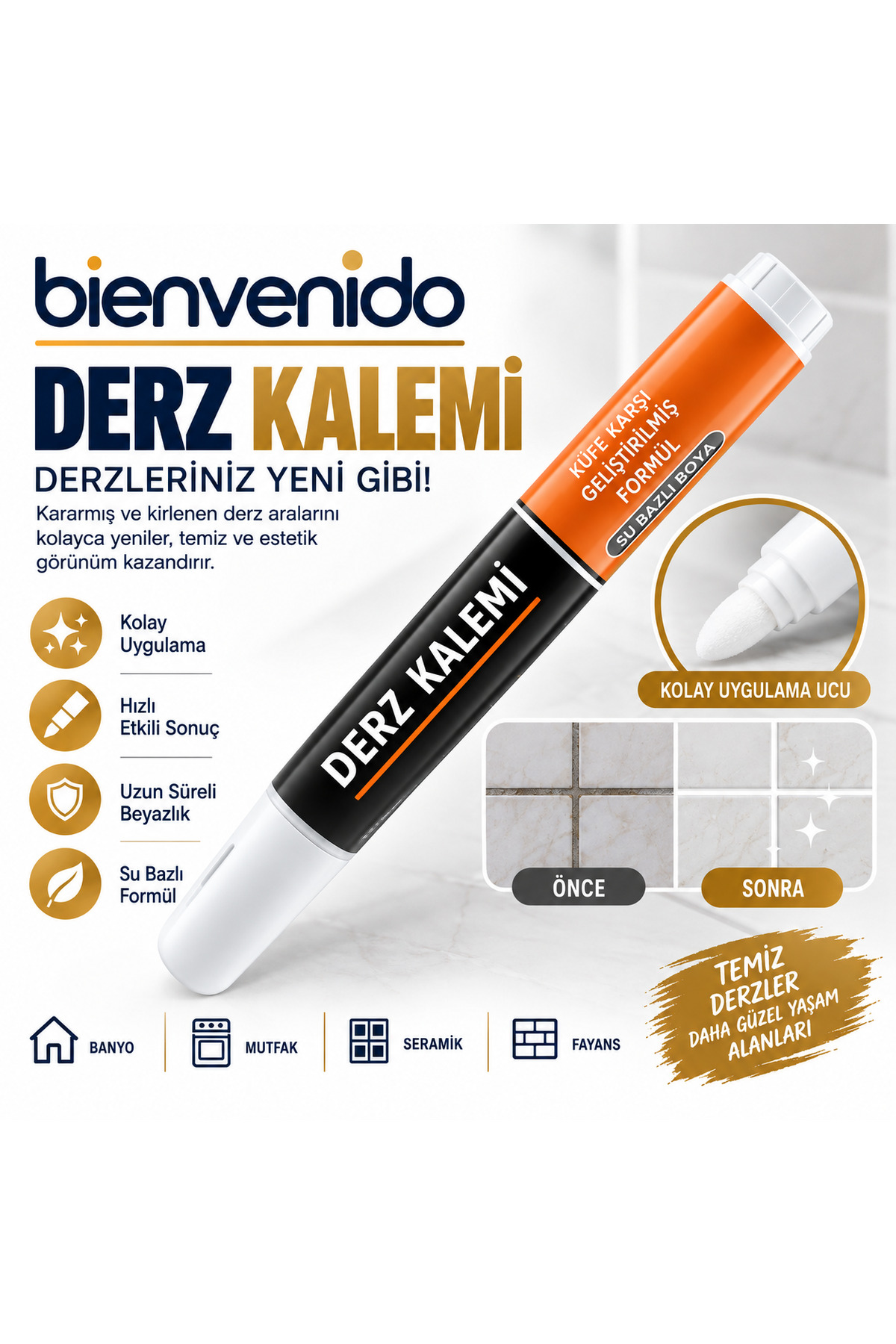 (1 ADET) Fayans Derz Dolgusu Boyama Boyası Kalemi Beyaz Hızlı Kuruyan Su Bazlı Kalıcı Yenileme