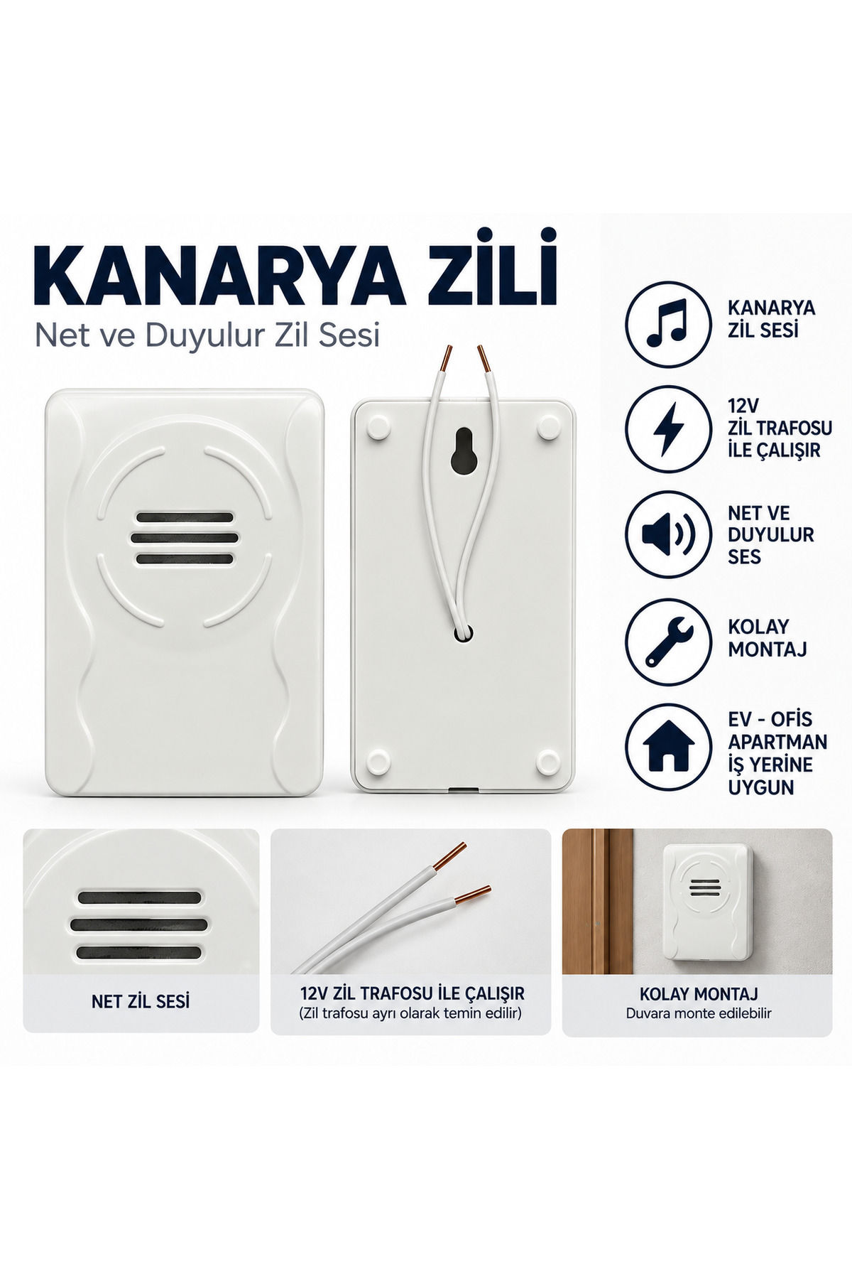 BOJI Kanarya Zili 12V Zil Trafosu ile Çalışan Kablolu Kapı Zili