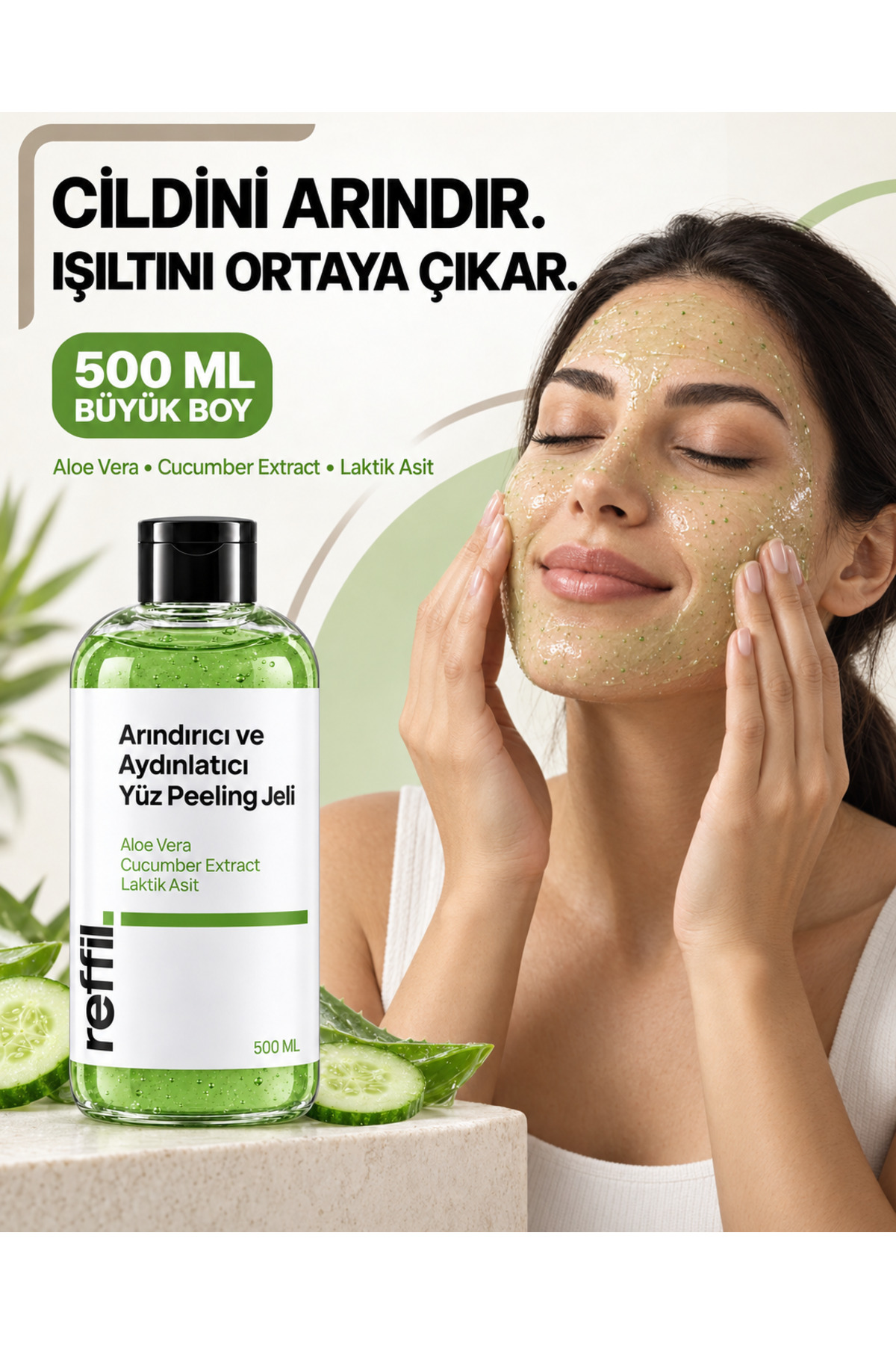 Arındırıcı Nemlendirici ve Aydınlatıcı Yüz Peeling Jeli - Aloe Vera, Salatalık Özü, Laktik Asit 500 ml — reffil0002 — تصویر 2 از 8