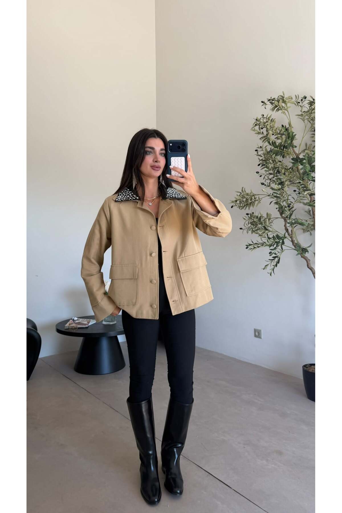 Bade Butik Camel Deri Yaka Taşlı Ceket görsel 4